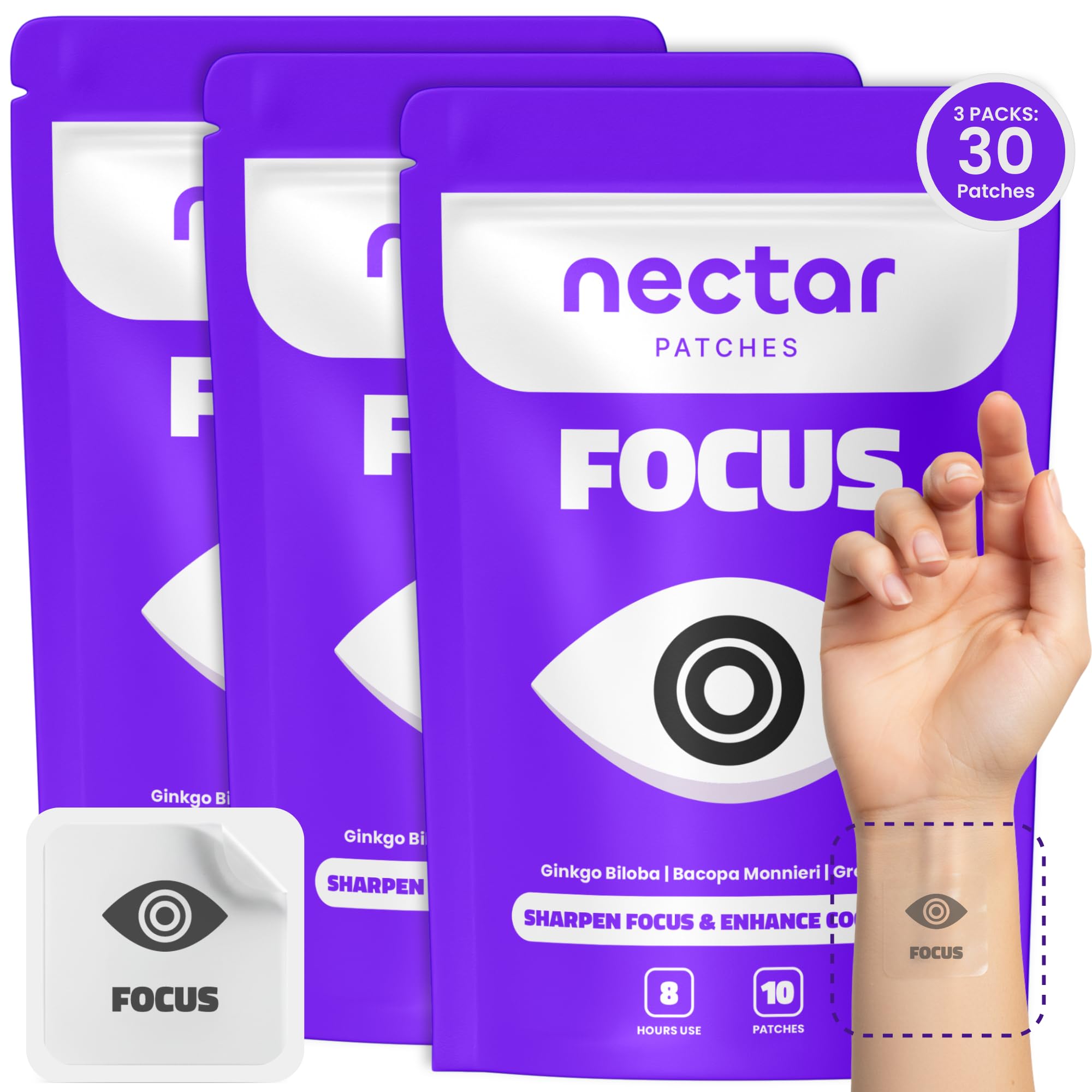Nectar Focus Patches | Natural Cognitive Support with Ginkgo Biloba, Bacopa & Magnesium for Memory – Mental Clarity Neuro Patches for Work, Study – Clean Plant-Based Nootropic Alternative | 30 Count Nectar Patches Au supplements