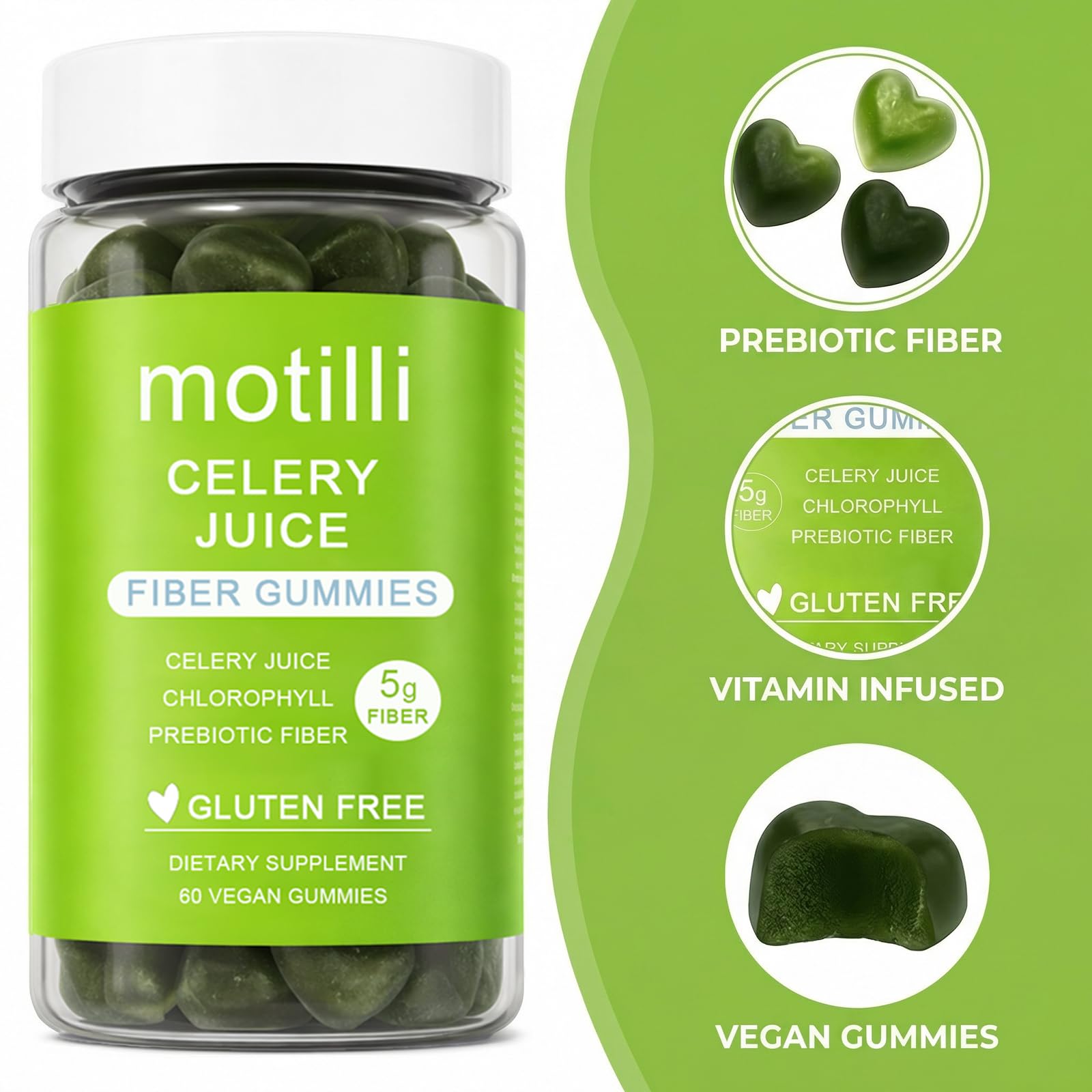 zdiwond Motilli Celery Juice Fiber Gummies, with Prebiotic Fiber and Botanical Ingredients, 60 Count