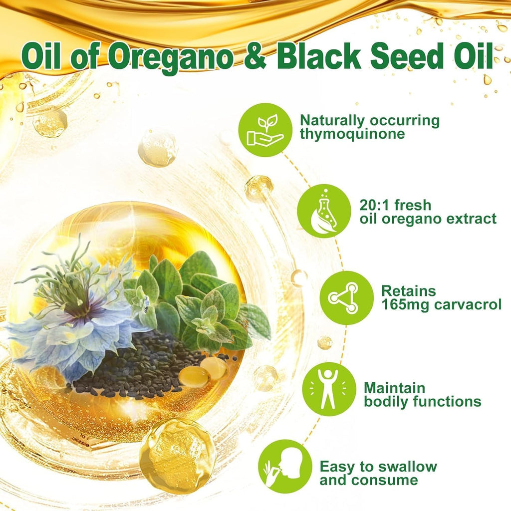 Nature's live Oil of Oregano with Black Seed Oil, 2 in 1 Oregano Supplement for Immune Health, Retains High Concentrated Carvacrol & Thymoquinone