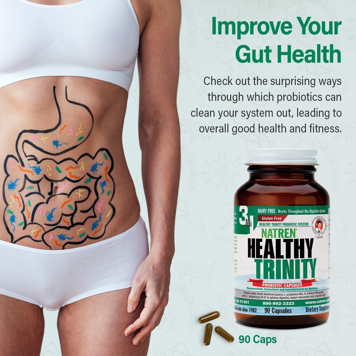 Natren Healthy Trinity Probiotics Supplement - 90 Dairy and Gluten Free Gel Capsules - Improve Gut and Digestive Health, 30 Billion CFU - Lactobacillus Acidophilus, Bifidobacterium, Bulgaricus Natren Au supplements