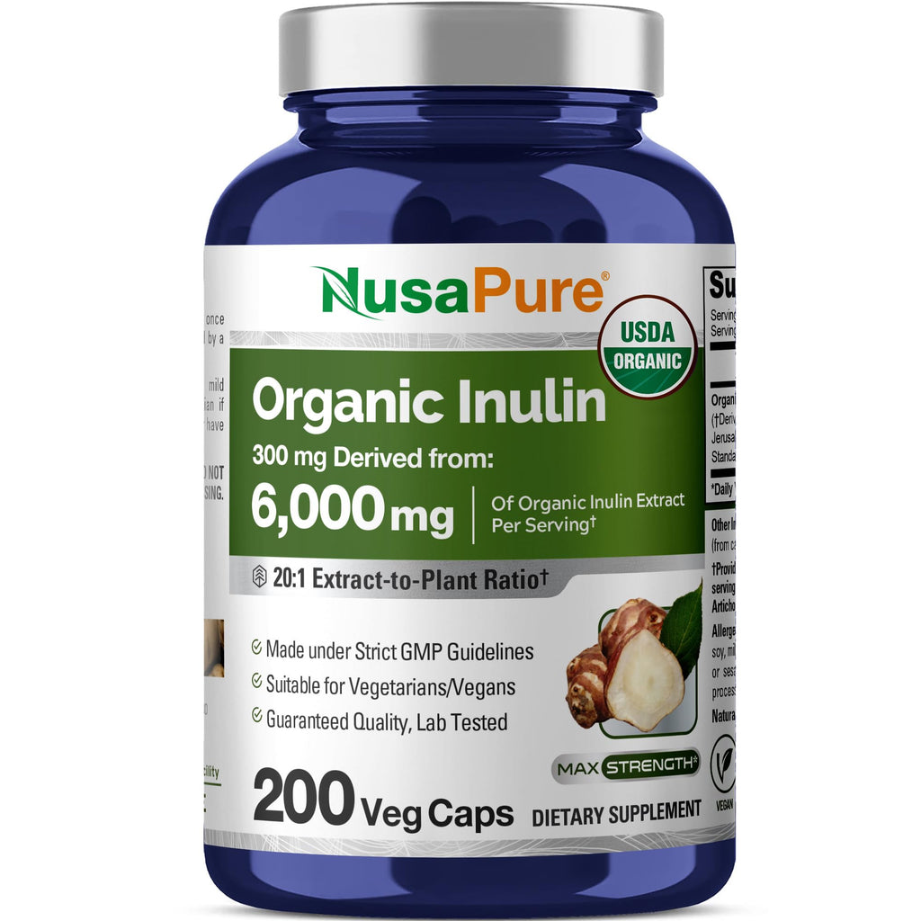 NusaPure Inulin Powder 20:1 Extract, 300 mg Equivalent to 6,000mg | 200 Veg Capsules |USDA Organic Suitable for Vegetarians, Vegan, Non-GMO Supplement NusaPure Au supplements