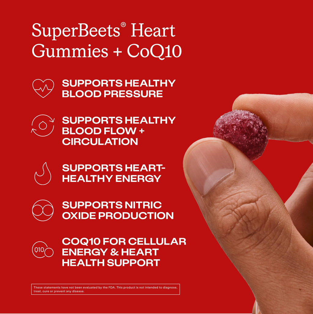 Humann SuperBeets 3-in-1 Heart Gummies - 3x Absorption CoQ10 - Plus Beetroot Extract & Grape Seed Extract for Advanced Heart Health, Cellular Energy & Circulation Support