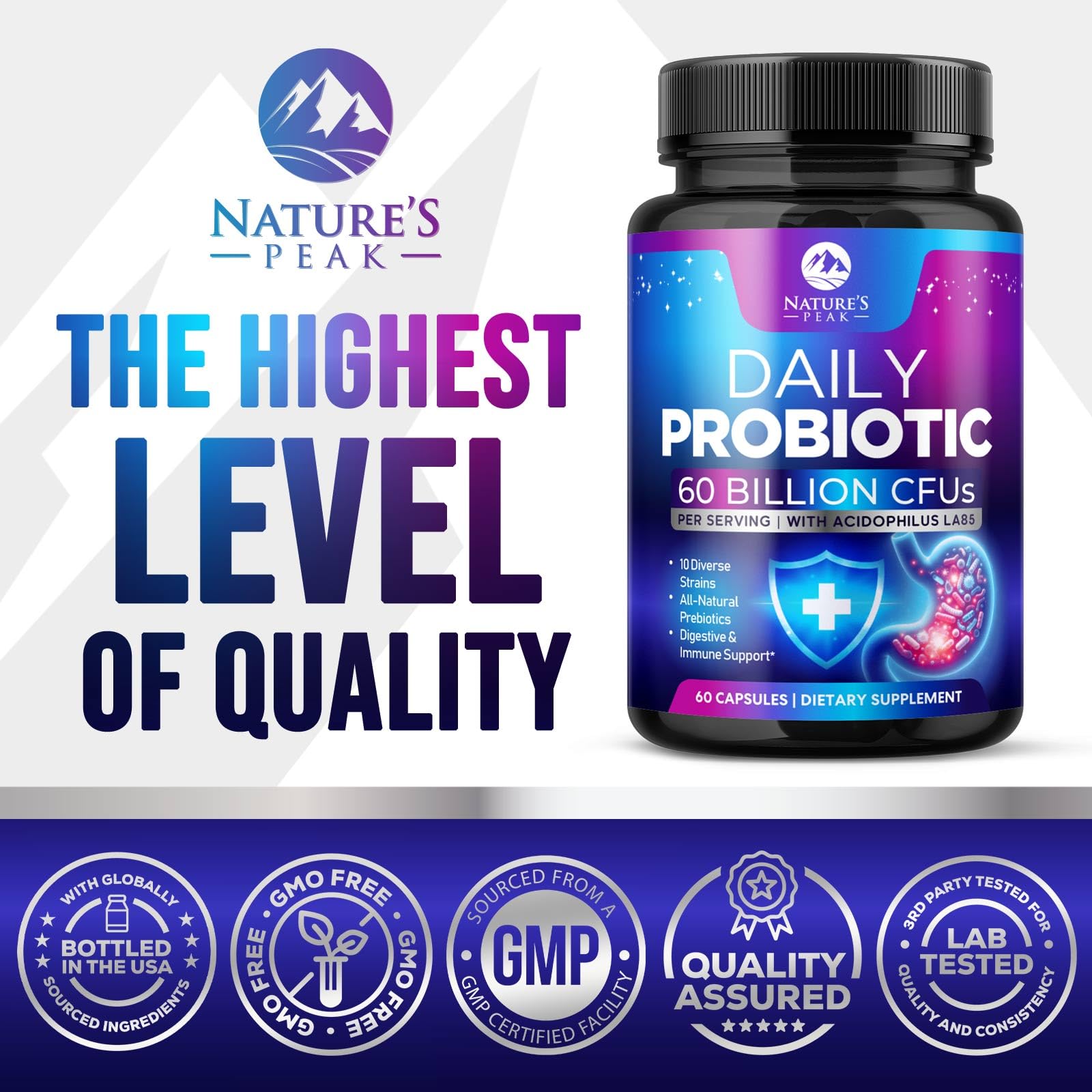 Probiotics 60 Billion CFU - 10 Strains + Digestive Enzymes & Prebiotics - Best Probiotic for Women & Men, Supports Immune, Gut Health, Occasional Constipation, Diarrhea, Gas & Bloating - 60 Capsules Nature's Peak Au supplements