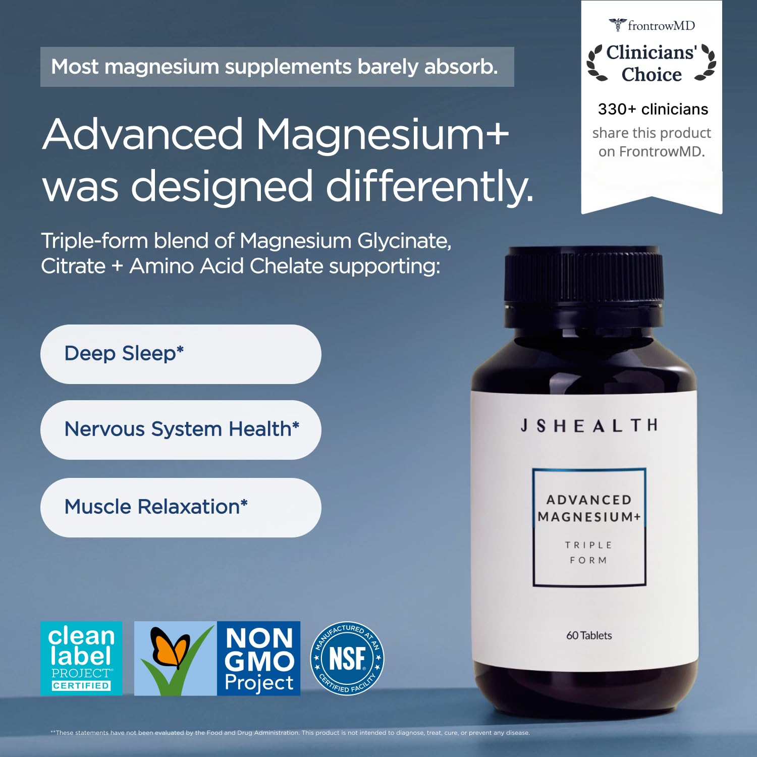 JSHealth Magnesium Supplement for Sleep. 400mg Triple-Form Glycinate, Citrate, Amino Acid Chelate