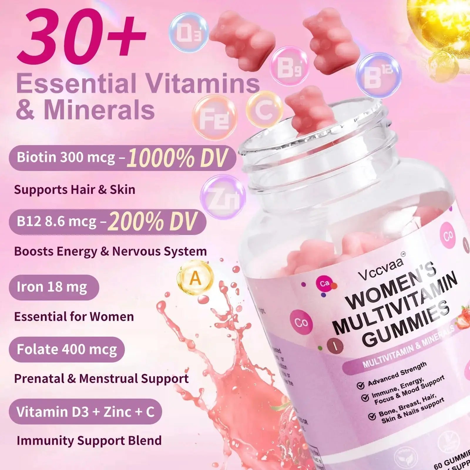 Vccvaa Sugar Free Multivitamin Gummies for Women 14+ with Iron, Inositol, Folate, Vitamins A C D3 E B12 K2, Herbal & Mineral Blend Vccvaa Au supplements