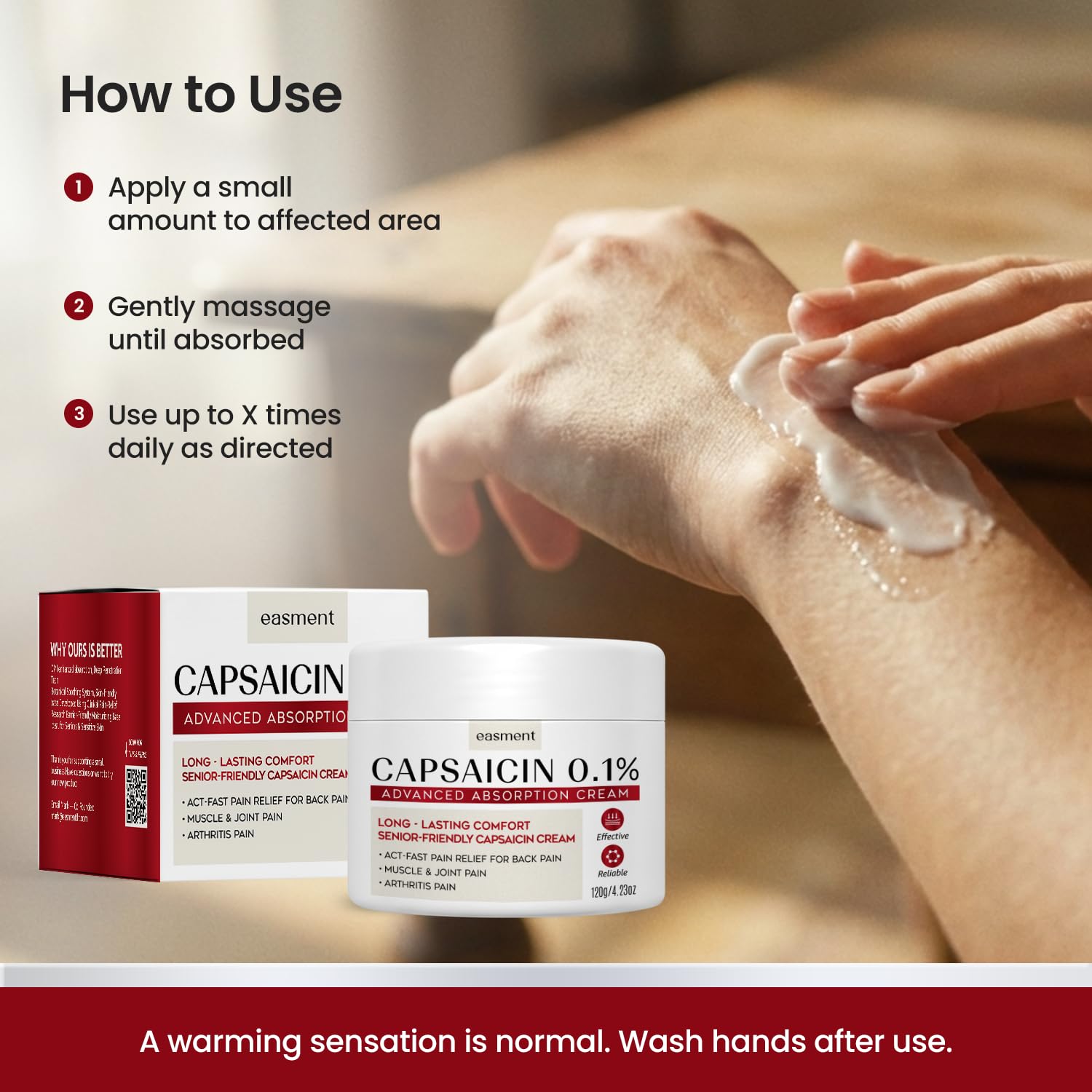 Easment Capsaicin Pain Relief Cream – Topical Arthritis & Muscle Pain Relief for Joint, Nerve & Back Pain – Medicated Pain Cream with Capsaicin 0.1% – Arnica, Aloe & Chamomile, 4.23 Fl Oz Easment Au supplements