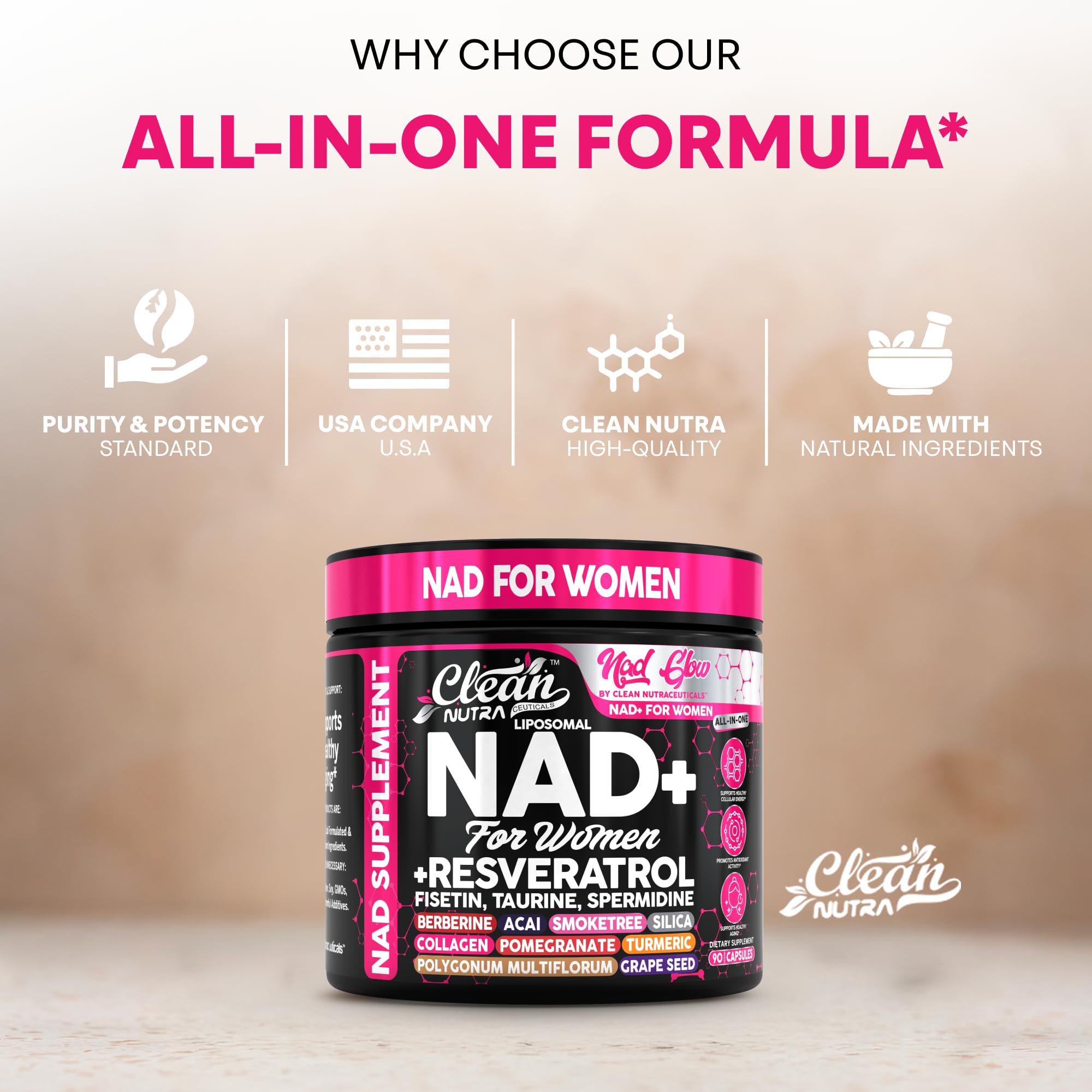 NAD+ Resveratrol Supplement for Women NAD Turmeric Vitamin C Acai Pomegranate Collagen Peptides Nicotinamide Riboside Fisetin Vitamin E Polygonum Multiflorum Berberine 90 Capsules by Clean Nutra Clean Nutraceuticals Au supplements