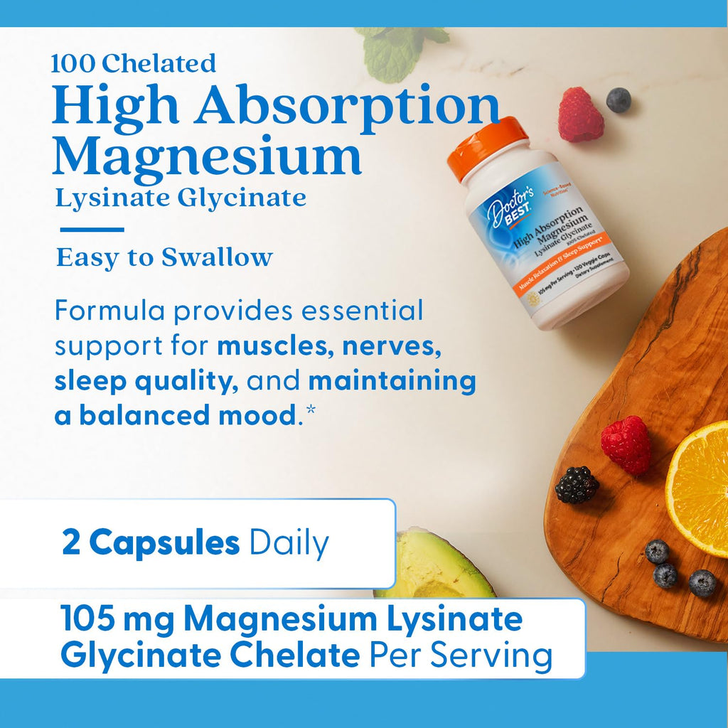 Doctor's Best High Absorption Magnesium Glycinate Lysinate Supplement for Sleep Support - Chelated Magnesium Capsules for Women & Men, 105 mg per Serving, Calm Support, Vegan - 120 Veg Caps Doctor's BEST Au supplements