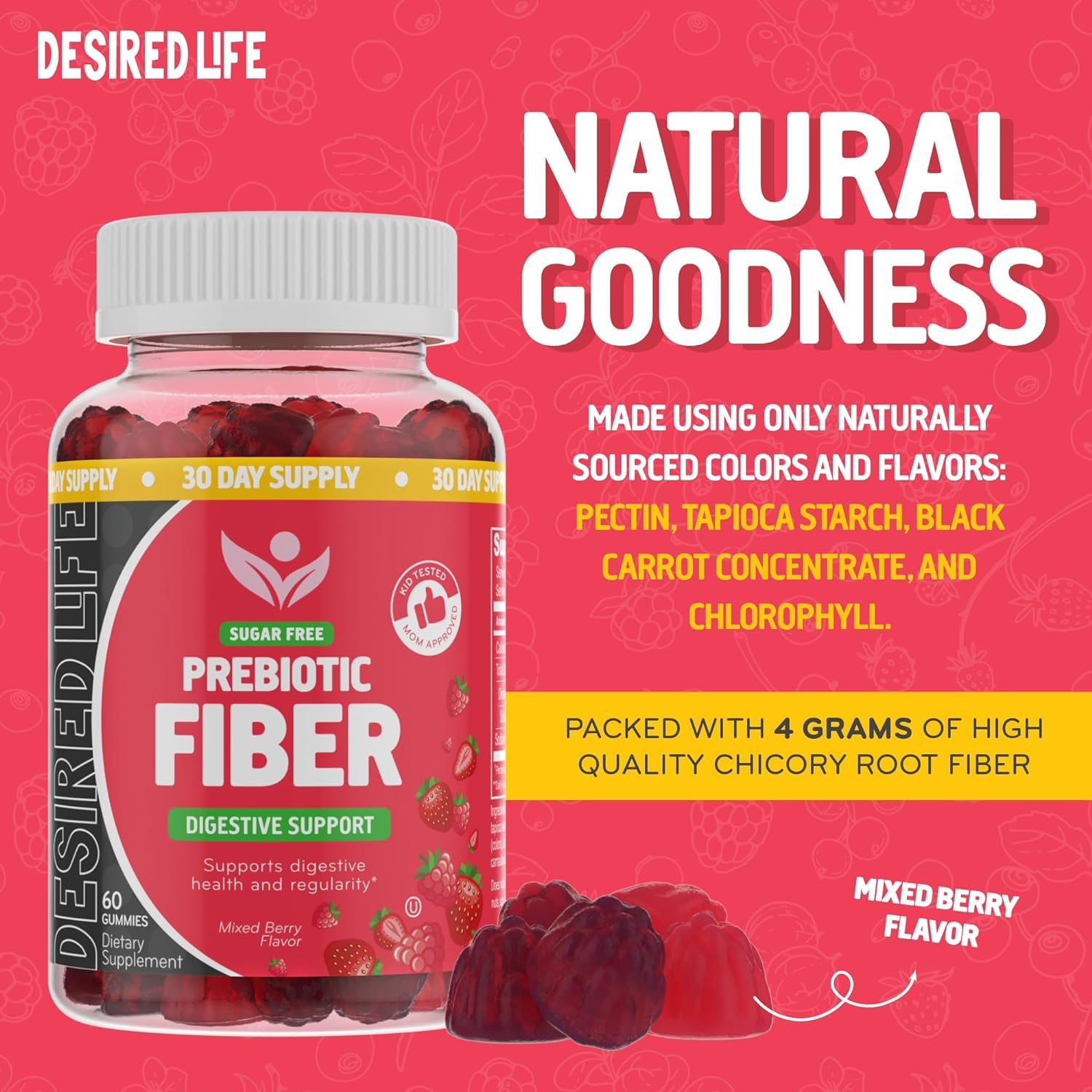Desired Life Prebiotic Fiber Gummies for Adults and Kids – 4g Sugar Free Natural Berry Flavored Gummies - Supports Digestive Health