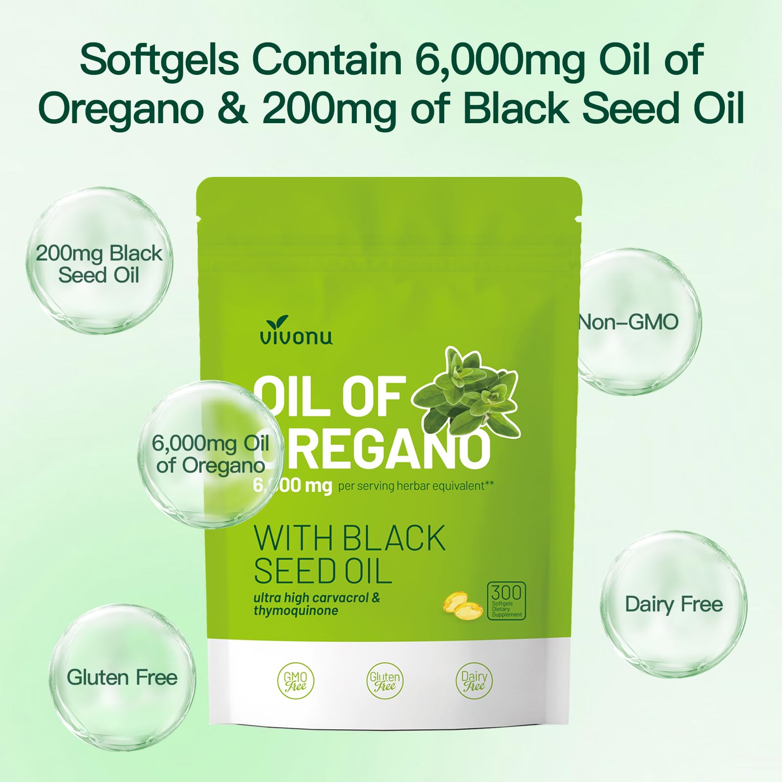 VivoNu Oil of Oregano with Black Seed Oil, Balanced Oil of Oregano Capsules, 300 Count Organic OreganoOil Softgels