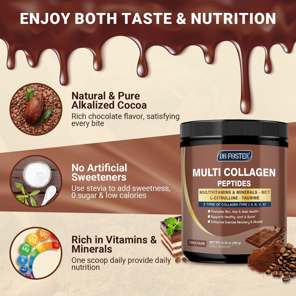 DRFOSTER Chocolate Collagen Peptides Powder for Women & Men, Multi Type I II III V X Collagen with multivitamins & Minerals for Skin, Hair & Nails & Joints, Non-GMO, 35 Servings DRFOSTER Au supplements