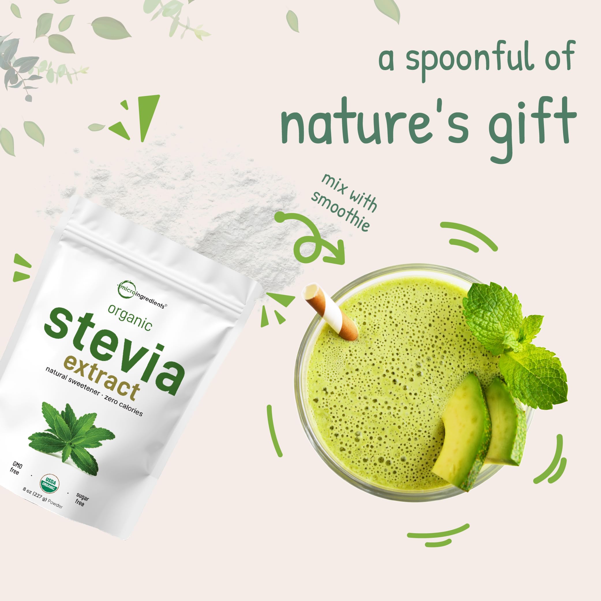 Micro Ingredients Pure Organic Stevia Powder, 8 Ounces, 1418 Serving, Highest Grade Stevia Green Leaf Extract Reb-A, Reduced Bitter Aftertaste, 0 Calorie, Natural Sweetener