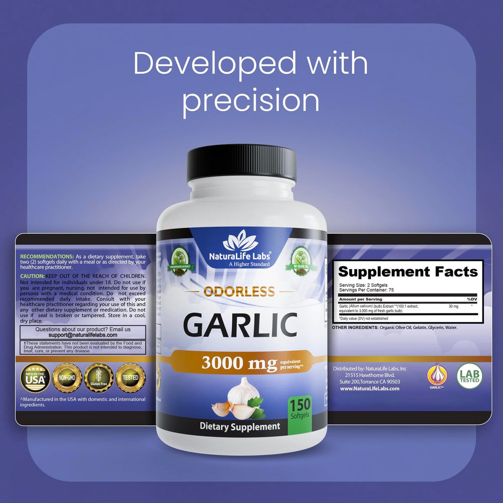 NaturaLife Labs Odorless Garlic Supplement – Garlic (Allium sativum) Extract Softgels – 150 Count – Non-GMO, Gluten-Free