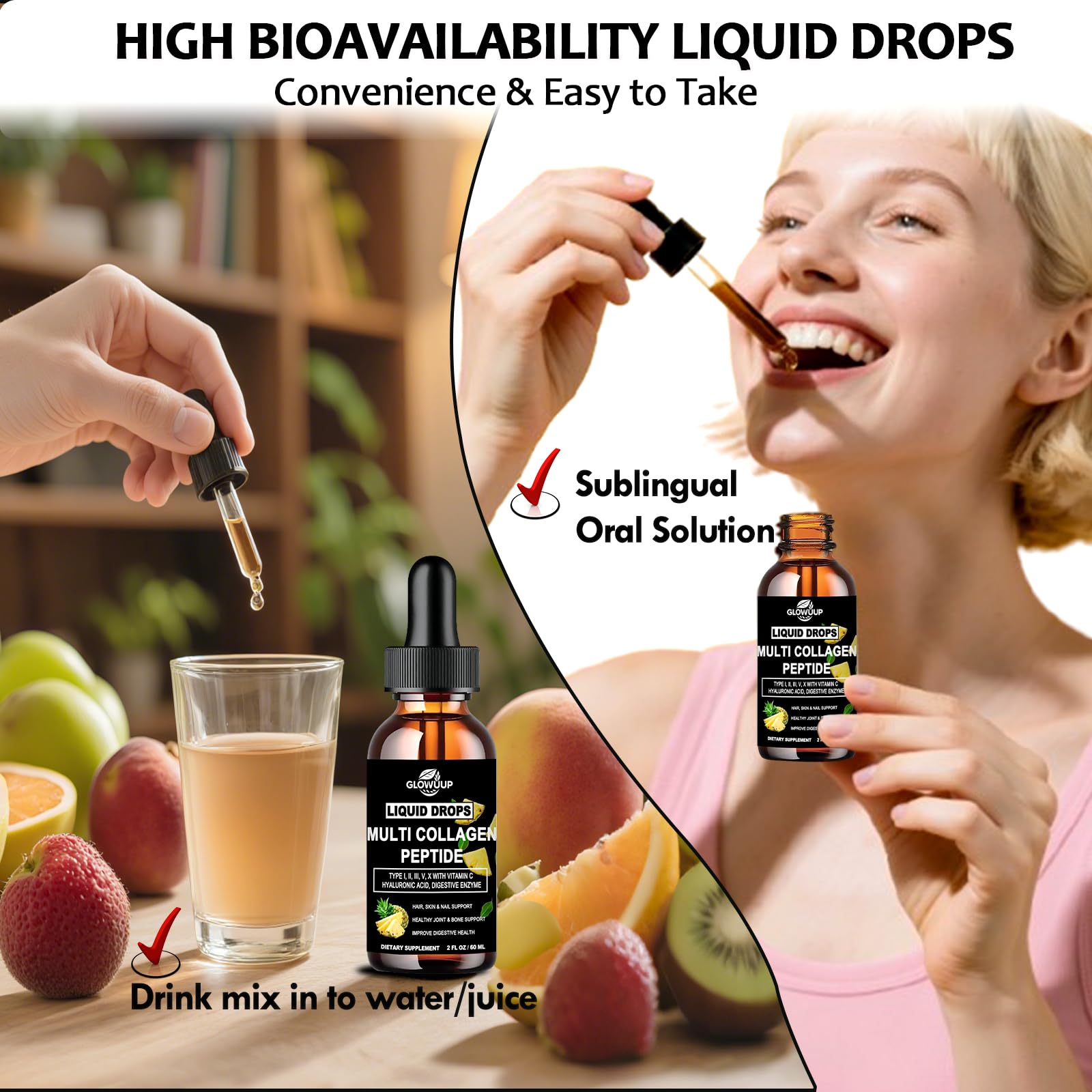 Multi Collagen Peptides Liquid Drops for Women & Men-Type I, II, III, V, X丨Hydrolyzed Collagen Peptides, Collagen Proteins W. Hyaluronic Acid, Biotin & Vitamin C for Hair Skin & Joint Gut Health GLOVVUUP Au supplements