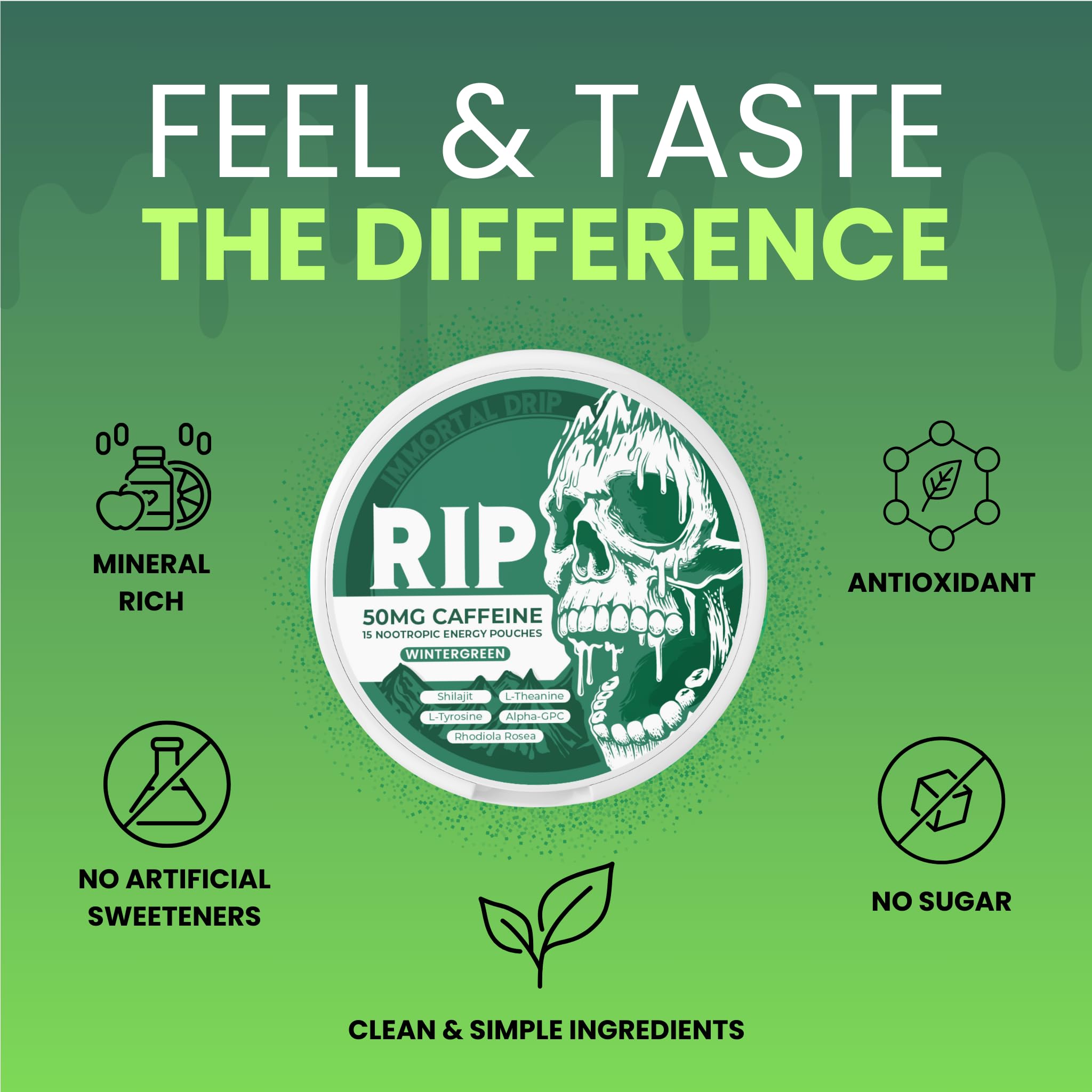 Immortal Drip RIP Nootropic Energy Pouches (Wintergreen) – 5 Cans – 15 Pouches per Can – Clean Energy & Focus Support – 50mg Caffeine, Shilajit, Alpha-GPC, L-Tyrosine, Rhodiola Immortal Drip Au supplements