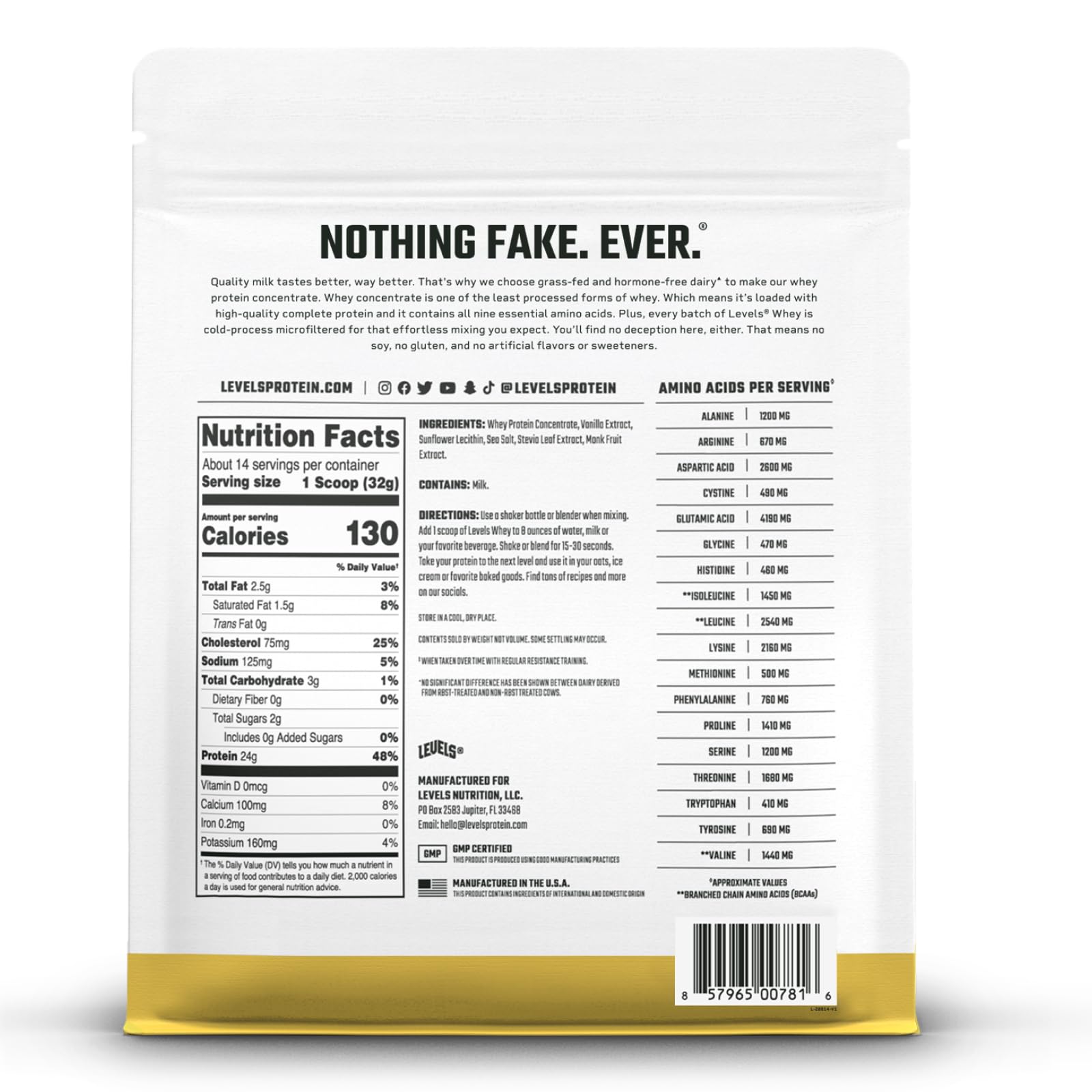 Levels Grass Fed Whey Protein Powder, No Artificials, 24G of Protein, Vanilla Bean, 1LB