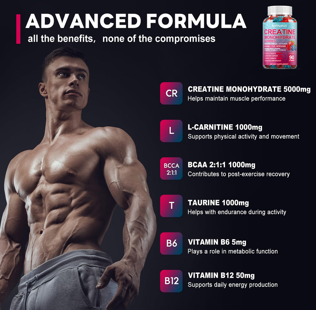 Creatine Monohydrate 8000mg Gummies with BCAA, L-Carnitine, Taurine & Vitamin B12 - Pre Workout Supplement for Muscle Growth, Strength & Energy, Multi-Flavor Chewable Gummies,