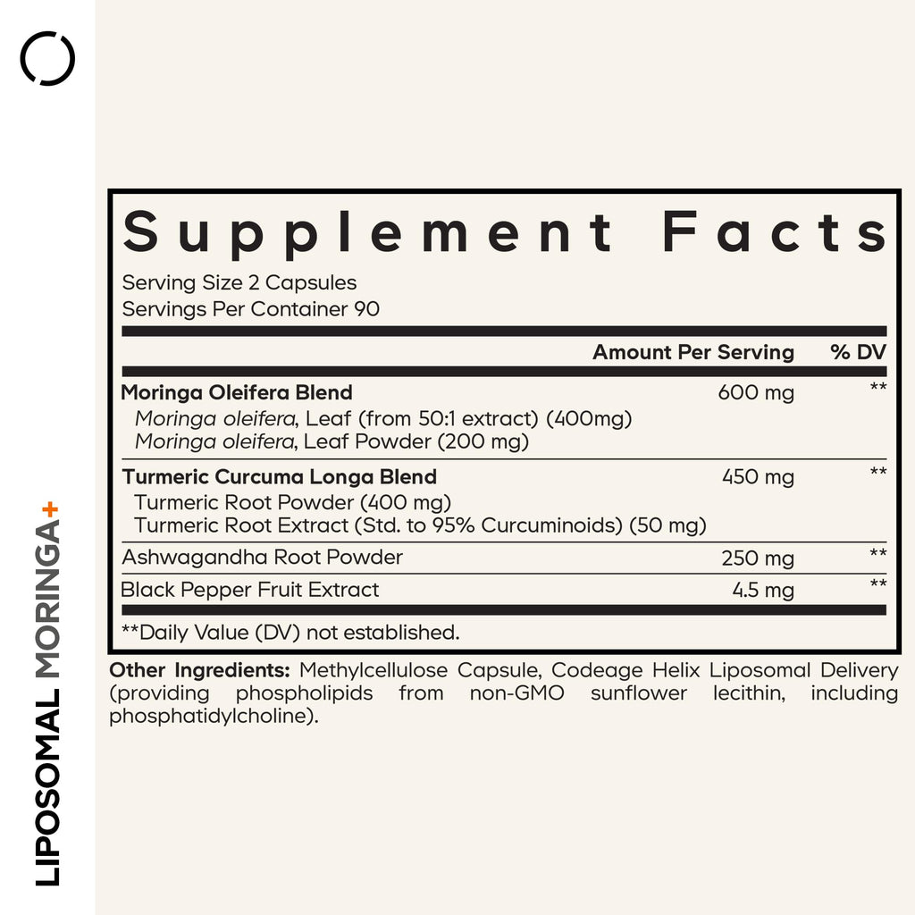 Codeage Liposomal Moringa+ Supplement, 400mg Moringa 50:1 Extract - Turmeric, Ashwagandha, Black Pepper, 3-Month Supply, Vegan Moringa Powder - 180 Capsules Codeage Au supplements