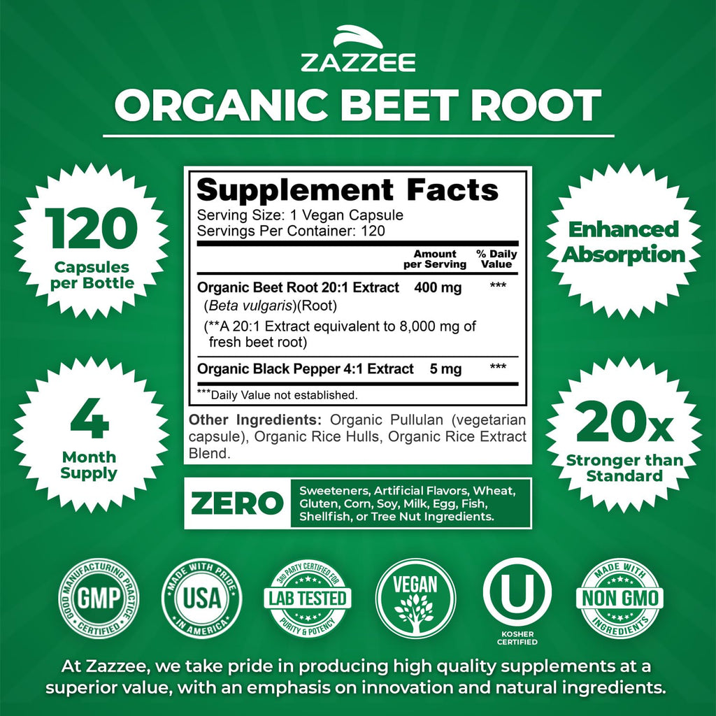 Zazzee USDA Organic Beet Root 20:1 Extract, 120 Vegan Quick Release Capsules, 4 Month Supply, Nitric Oxide Support, Black Pepper Extract for Enhanced Absorption