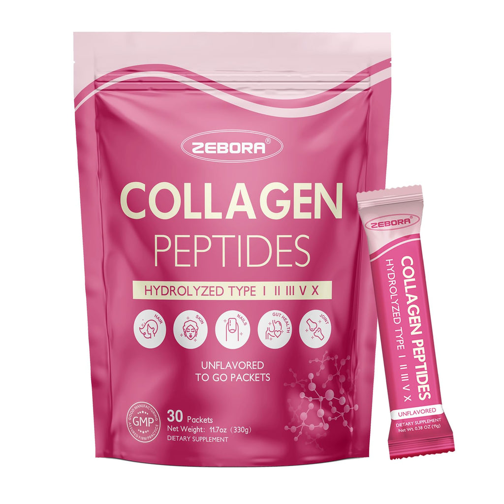 ZEBORA Multi Collagen Peptides Powder Packets with Hyaluronic Acid, Biotin, MCT - Hydrolyzed Collagen with 5 Billion Probiotics