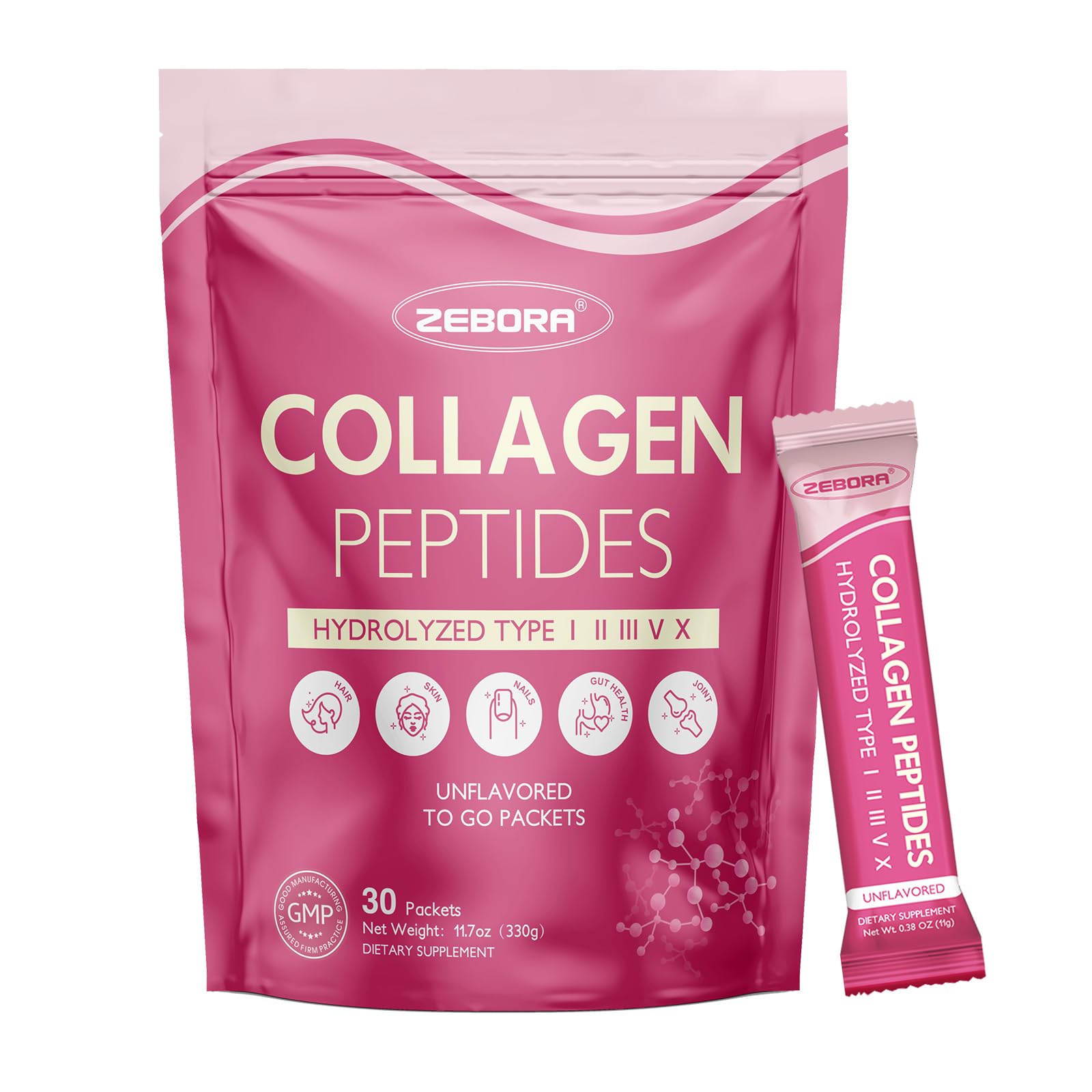 ZEBORA Multi Collagen Peptides Powder Packets with Hyaluronic Acid, Biotin, MCT - Hydrolyzed Collagen with 5 Billion Probiotics