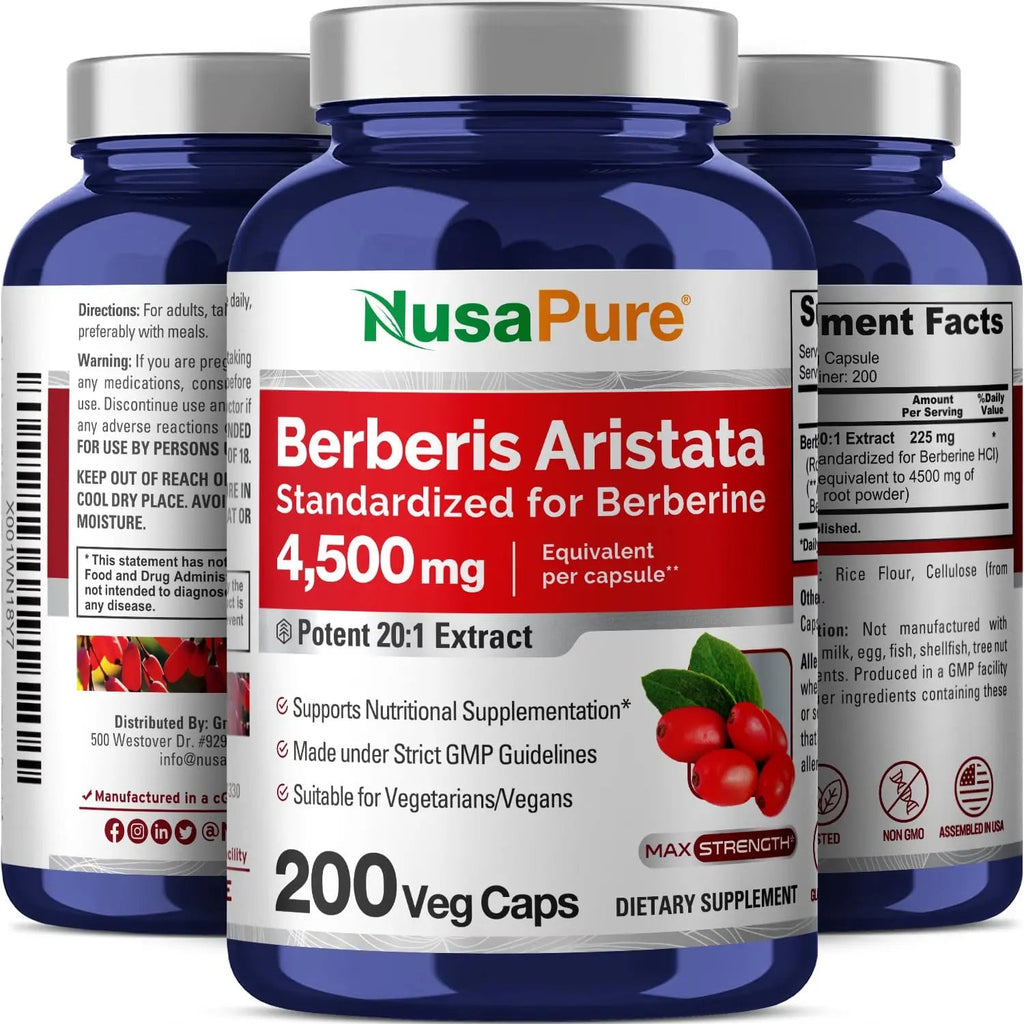 NusaPure Berberine HCI 4500 mg - 200 Veggie Caps - 6 Months Supply - (100% Vegetarian NusaPure Au supplements