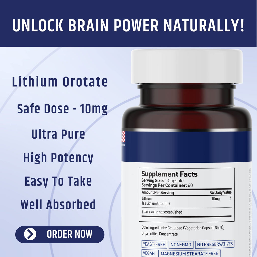 Lithium Orotate 10mg per Capsule - 60 Vegetarian Capsules. Memory and Emotional Wellness Support - Magnesium Stearate Free