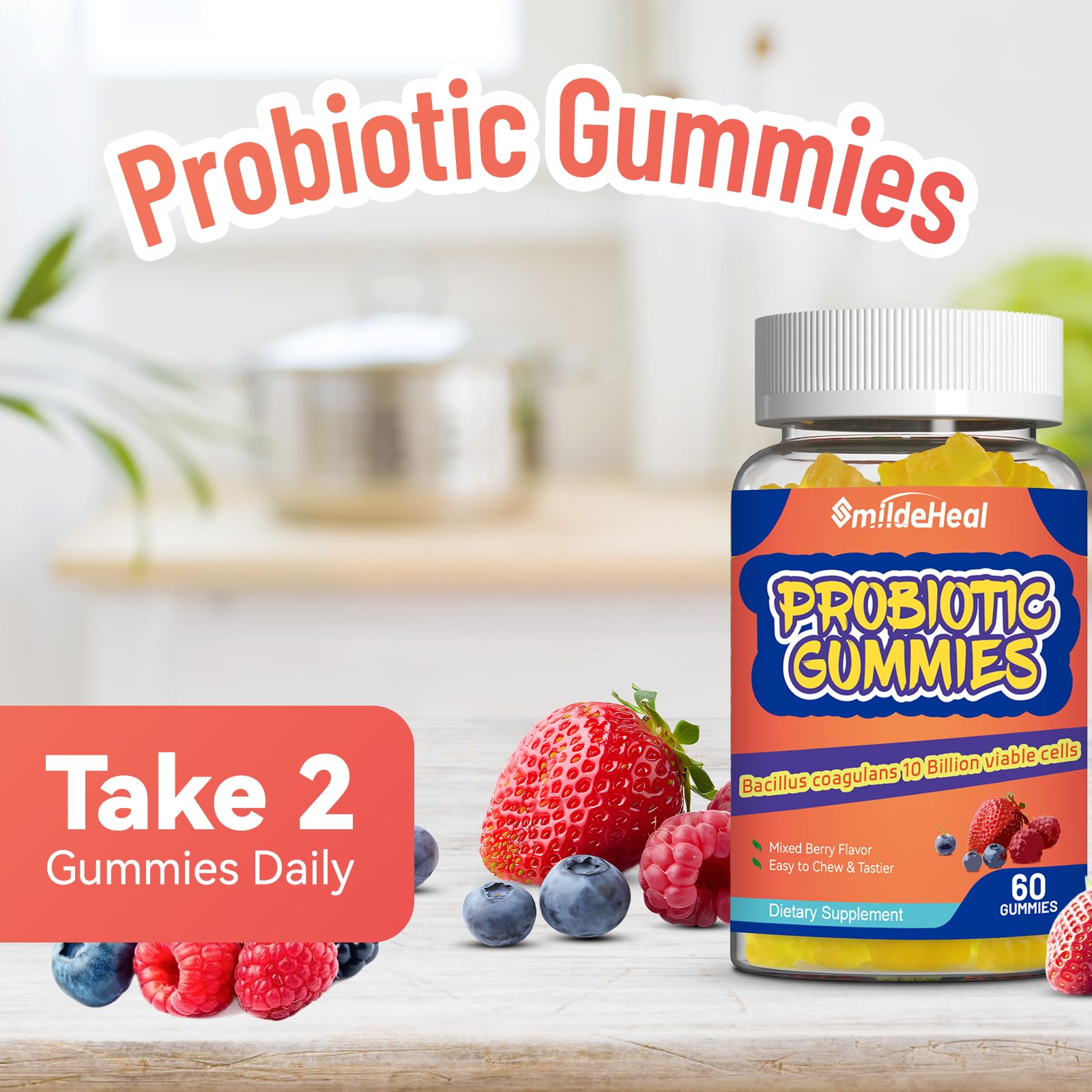 SmildeHeal Probiotic Gummies for Digestive Health - 10 Billion CFU Bacillus Coagulans - Vegan & Non-GMO - Immune & Digestive Support for Men & Women