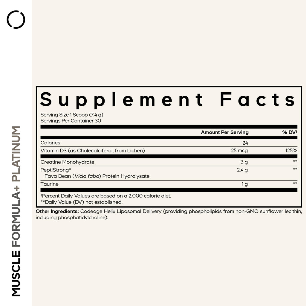 Codeage Muscle Formula+ Platinum Supplement - Creatine Monohydrate, PeptiStrong Fava Bean Protein Hydrolysate, Taurine, Vitamin D3, Liposomal Delivery - Non-GMO - Unflavored Protein Powder - 8.78 Oz Codeage Au supplements