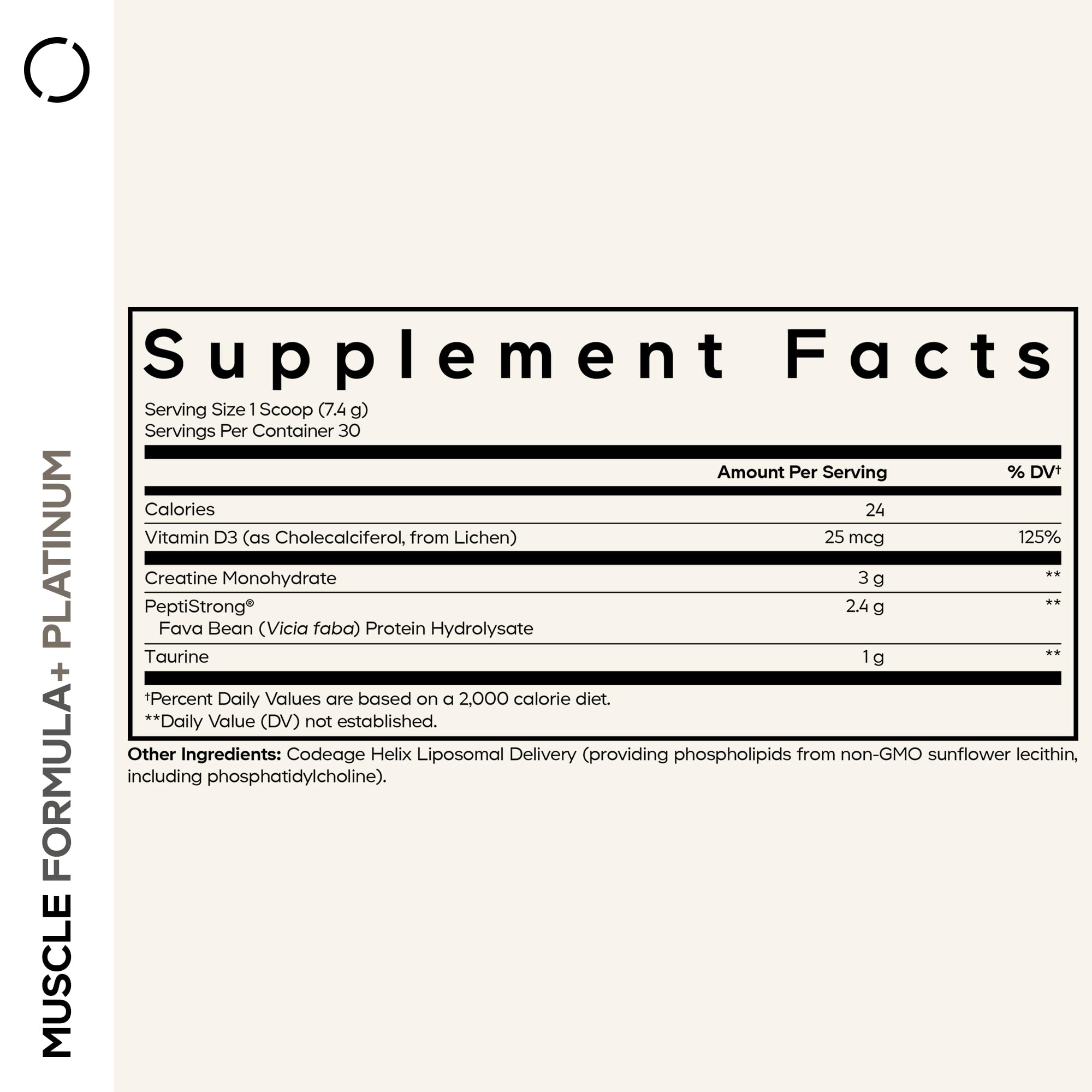 Codeage Muscle Formula+ Platinum Supplement - Creatine Monohydrate, PeptiStrong Fava Bean Protein Hydrolysate, Taurine, Vitamin D3, Liposomal Delivery - Non-GMO - Unflavored Protein Powder - 8.78 Oz Codeage Au supplements