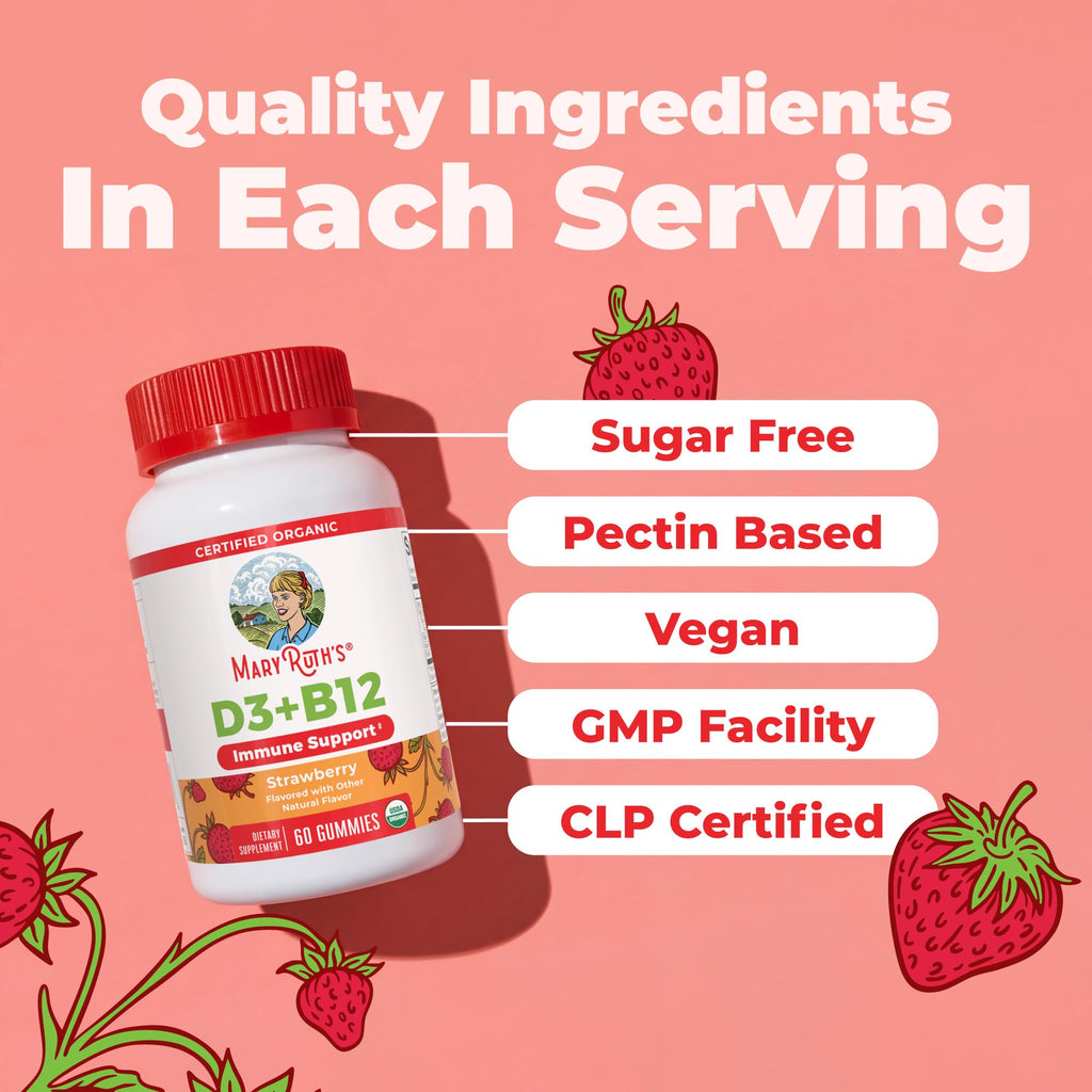 MARYRUTH'S Organic Vitamin D3 + B12 Gummies for Ages 4+ | Bone Health | Immune Support | Energy Metabolism | Cognitive Function | Vegan | Non-GMO