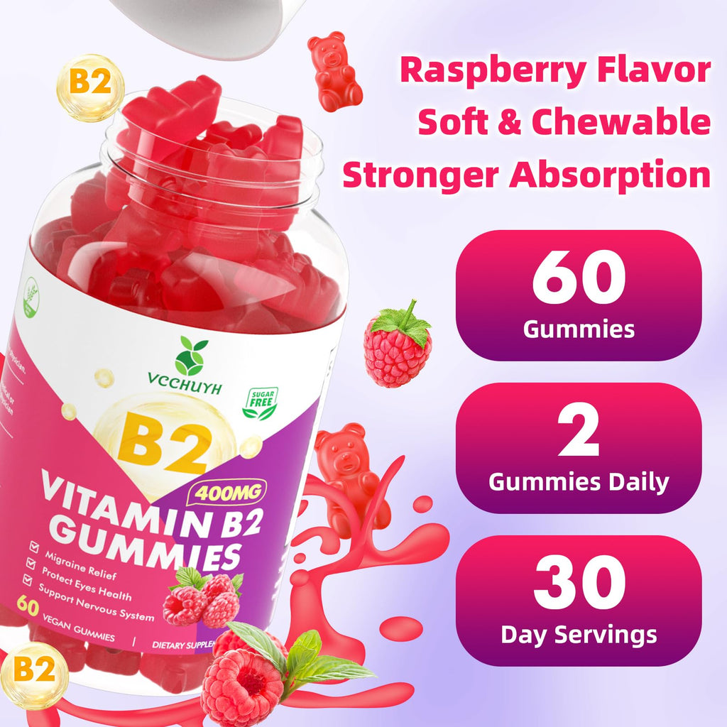 VCCHUYH Vitamin B2 Gummies for Kids & Adults, VIT B2 Riboflavin 400mg Supplement with Magnesium for Migraine Relief & Nervous System Support, Non-GMO