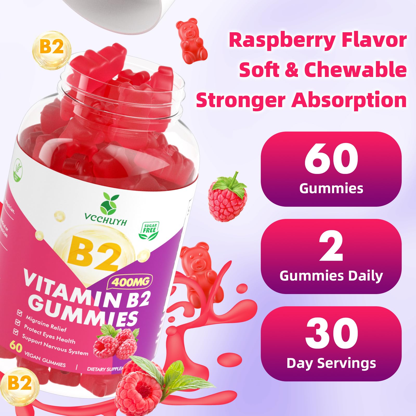 VCCHUYH Vitamin B2 Gummies for Kids & Adults, VIT B2 Riboflavin 400mg Supplement with Magnesium for Migraine Relief & Nervous System Support, Non-GMO