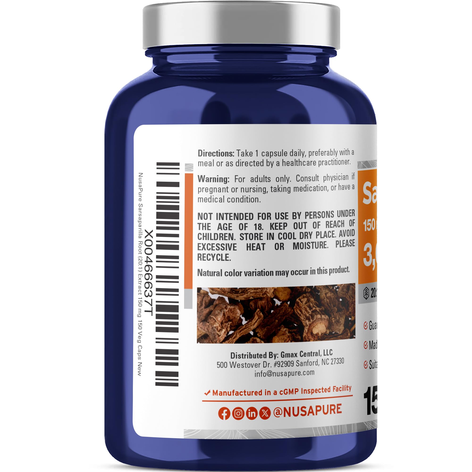 NusaPure Sarsaparilla Root 20:1 Extract - Suitable for Vegetarian/Vegan, Non - GMO - 3000 mg - 150 Capsules NusaPure Au supplements