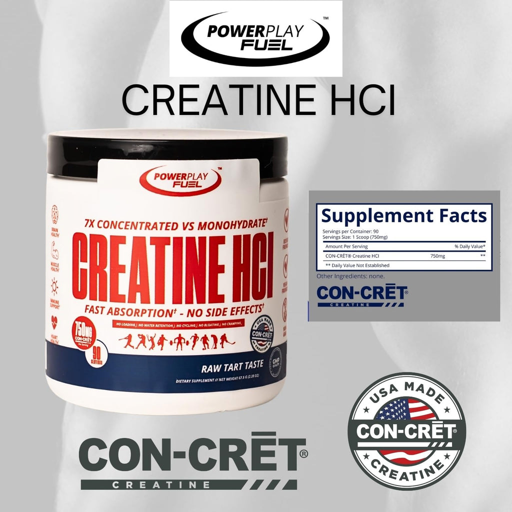 CREATINE HCl Powder for Men and Women, Muscle Strength, Brain Performance, Heart Health & Immune Support - Raw Tart Taste, 90 Servings POWER PLAY FUEL Au supplements