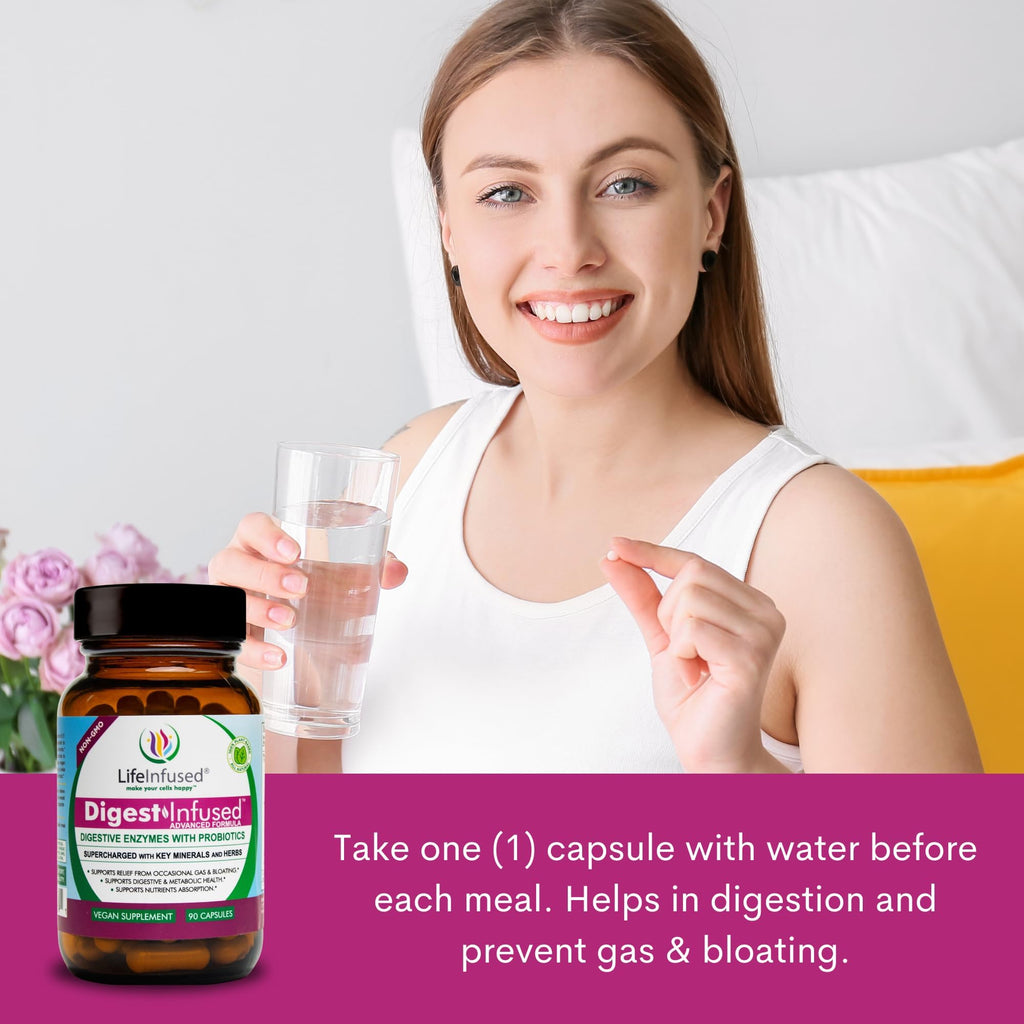 Life Infused Digestive Enzymes with Probiotics – 21 Plant-Based Enzymes with Bromelain, Papain, Amylase & Protease – Digestive Support for Gas & Bloating –