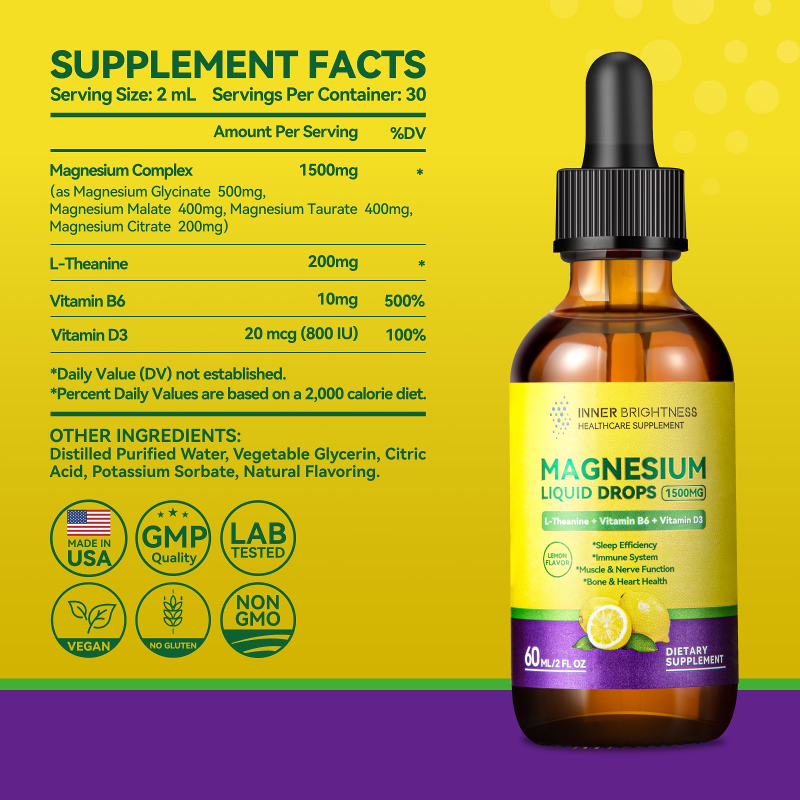 Magnesium Glycinate Liquid Drops 1500mg with Magnesium Citrate & Taurate, L-Theanine, Vitamin D3, B6 - Supports Calm, Sleep, Muscle Relaxation, Leg Cramps & Energy, Lemon Flavor, 60 mL Inner Brightness Au supplements