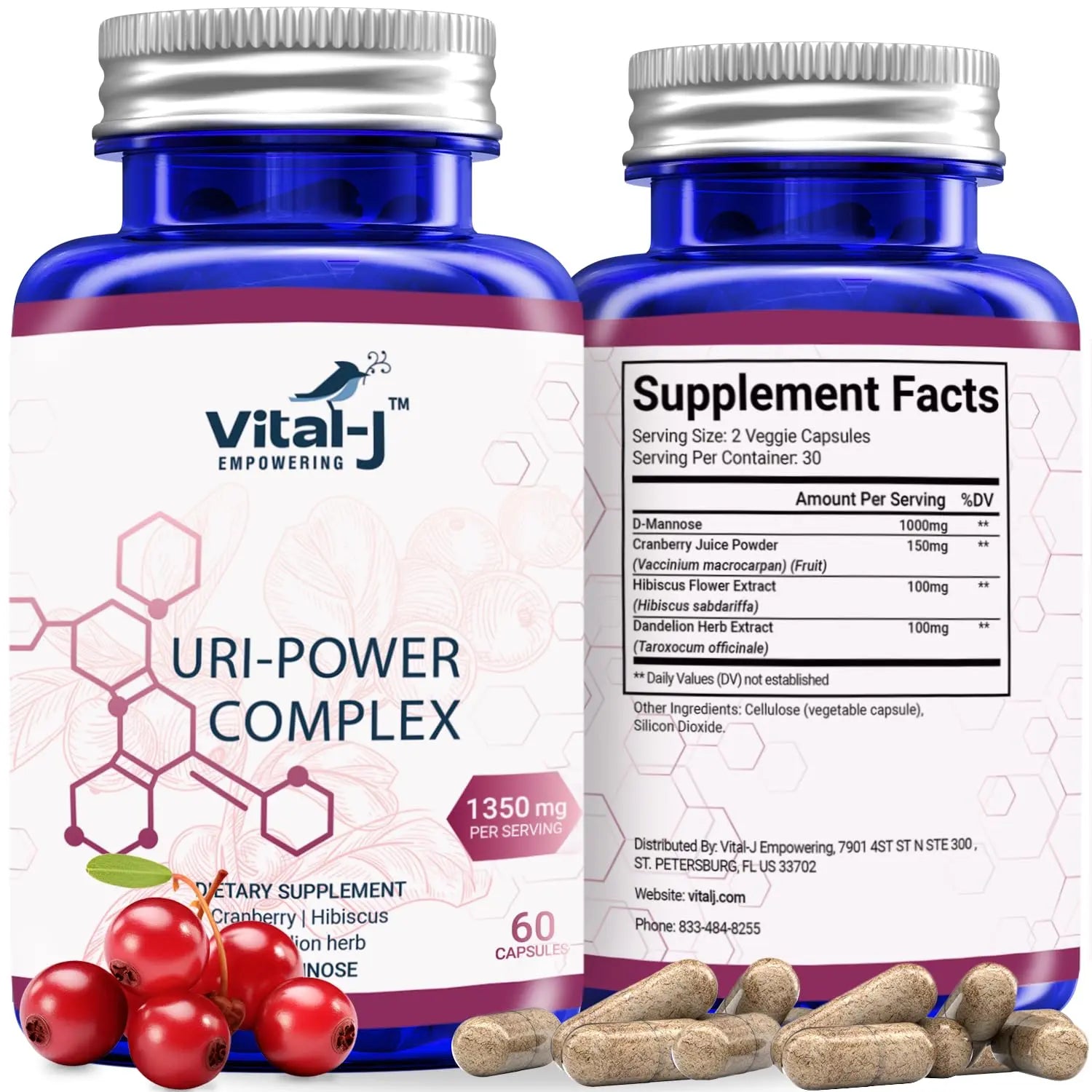 4-IN-1 URI POWER COMPLEX 1350mg - D Mannose, Cranberry, Hibiscus, and Dandelion Herb - Naturally Cleanse the Bladder and Urinary Tract 60 capsules – Specialized Approach for UTI Avoidance Vital-J Empowering Au supplements