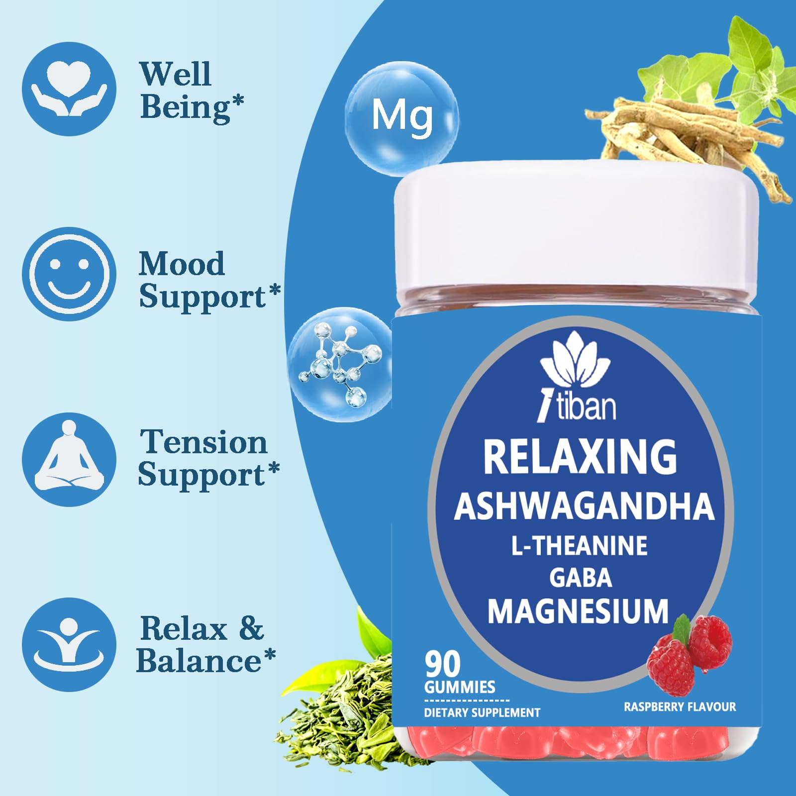 Itiban Cortisol Supplements for Women, Calm Magnesium Glycinate Gummies, Ashwagandha, L-Theanine, GABA, D3, B6, Mood Anxiety Sleep Relax, Raspberry Flavour, Vegan 90 Gummies Itiban Au supplements