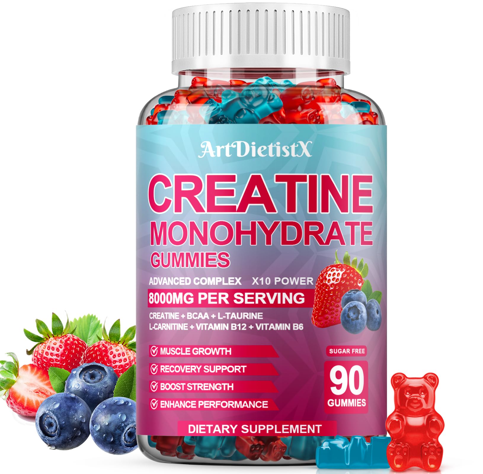 Creatine Monohydrate 8000mg Gummies with BCAA, L-Carnitine, Taurine & Vitamin B12 - Pre Workout Supplement for Muscle Growth, Strength & Energy, Multi-Flavor Chewable Gummies,