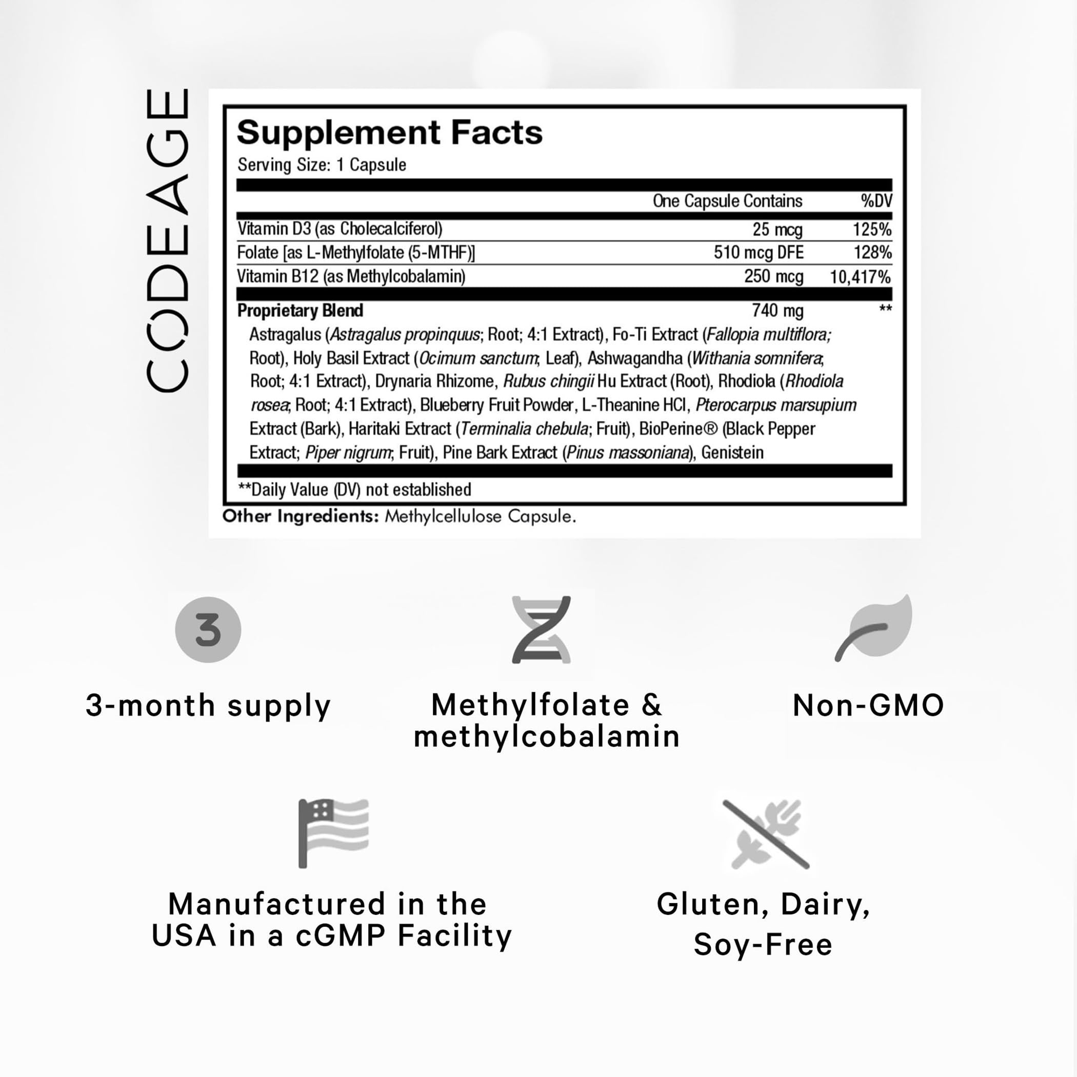 Codeage Ultra Life Telomeres Supplement - 5 MTHF Folate Vitamin B9, Vitamin B12 Methylcobalamin, Vitamin D3, L-Theanine, Ashwagandha - 3-Month Supply - DNA, Methylation Cycle - Non-GMO - 90 Capsules Codeage Au supplements