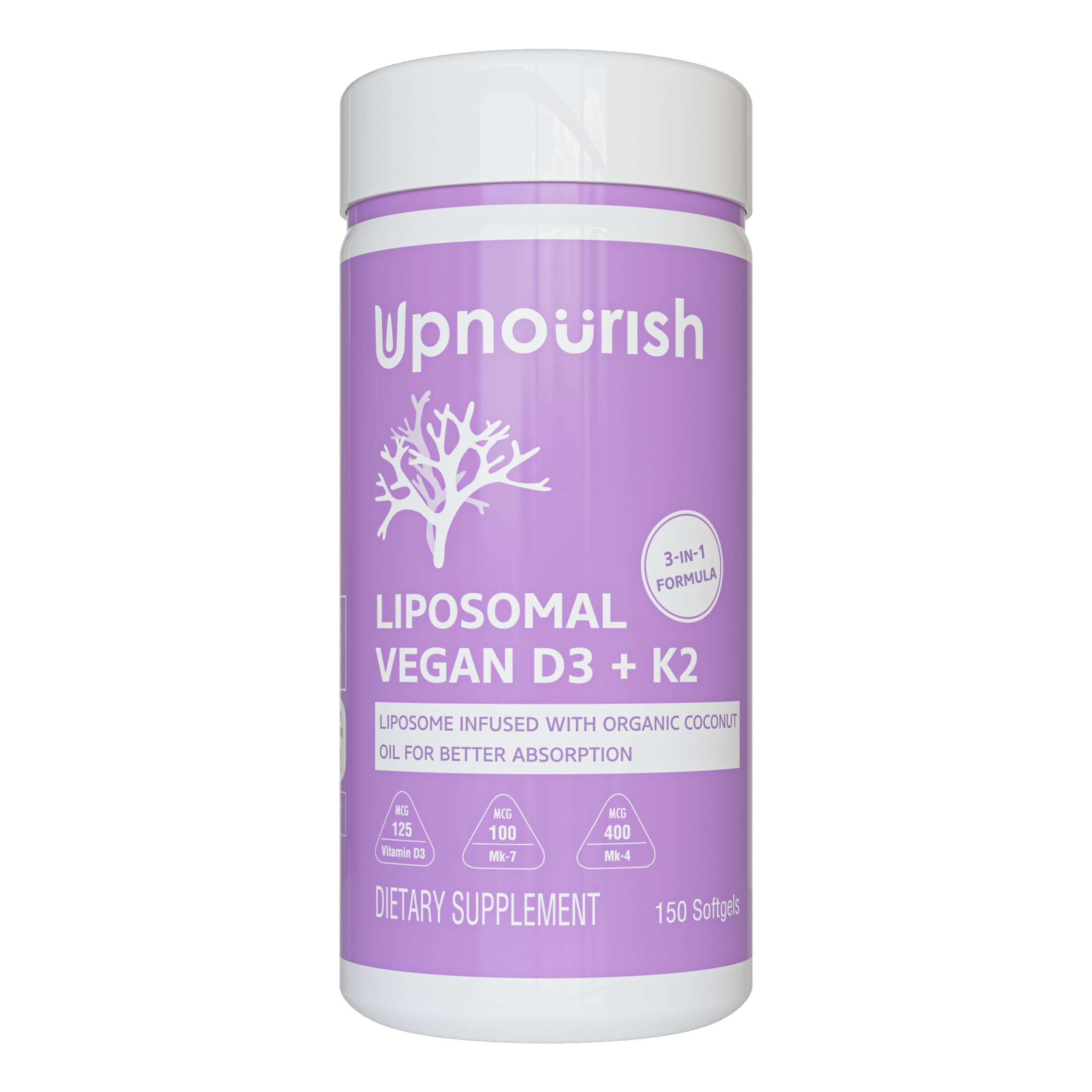 UpNourish Certified Vegan Vitamin D3 5000 IU K2 MK4 MK7 500 mcg Supplement, 150 Softgels, Plant Based Liposomal Vitamin D K with Organic