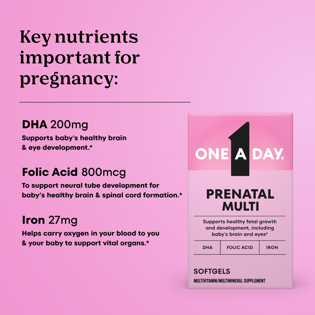 One A Day Prenatal Vitamins- Folic Acid, Iron, Omega- 3 (DHA), Pregnancy Vitamins for Women, Prenatal Multivitamin for Mom and Baby Support