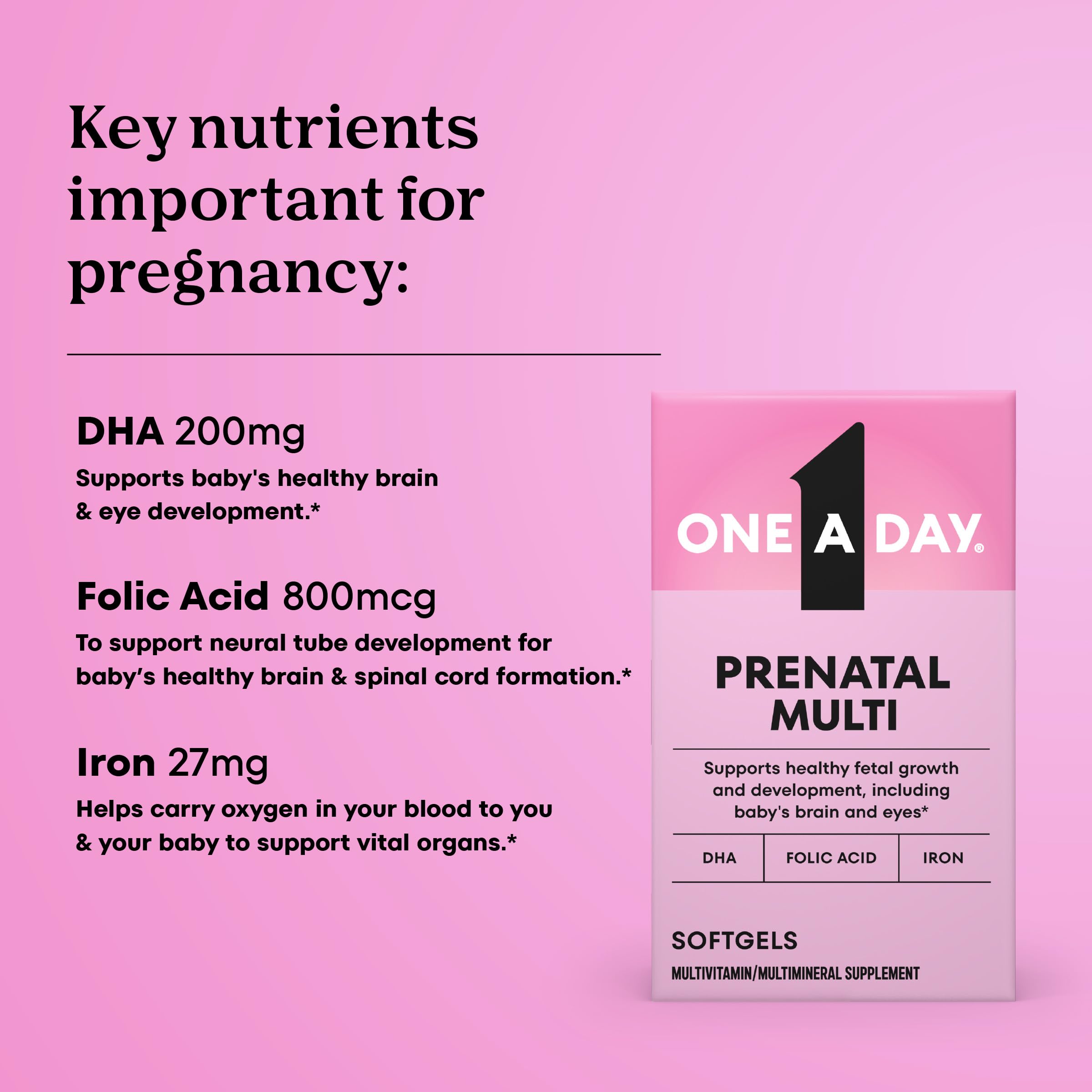 One A Day Prenatal Vitamins- Folic Acid, Iron, Omega- 3 (DHA), Pregnancy Vitamins for Women, Prenatal Multivitamin for Mom and Baby Support