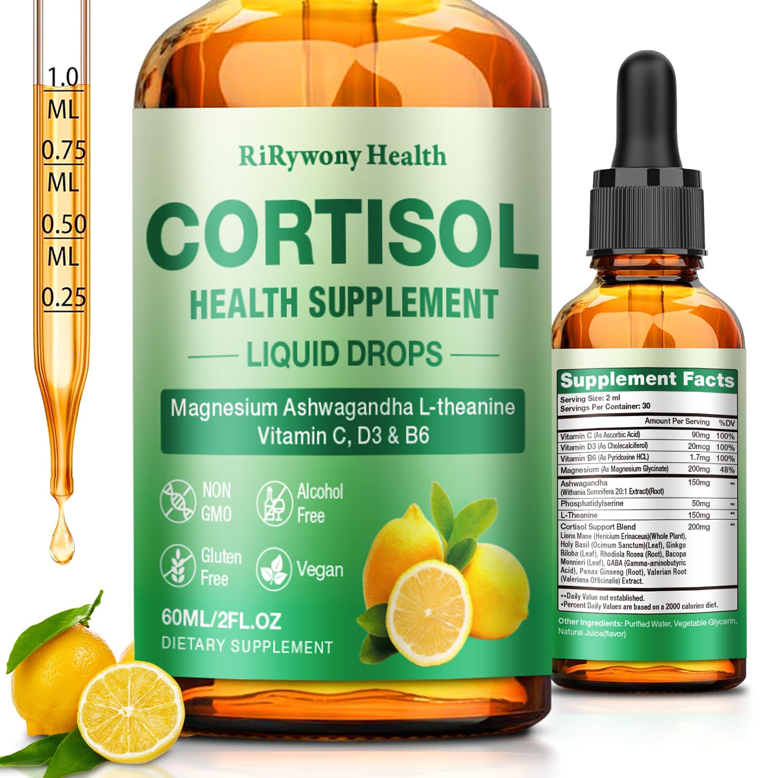 Cortisol Supplement for Women & Men - Cortisol Detox Reducer Magnesium Glycinate, Ashwagandha, L-Theanine, Phosphatidylserine - Hormone Balance for Calm Mood Focus Sleep (2 FL.OZ Lemon) RiRywony Health Au supplements