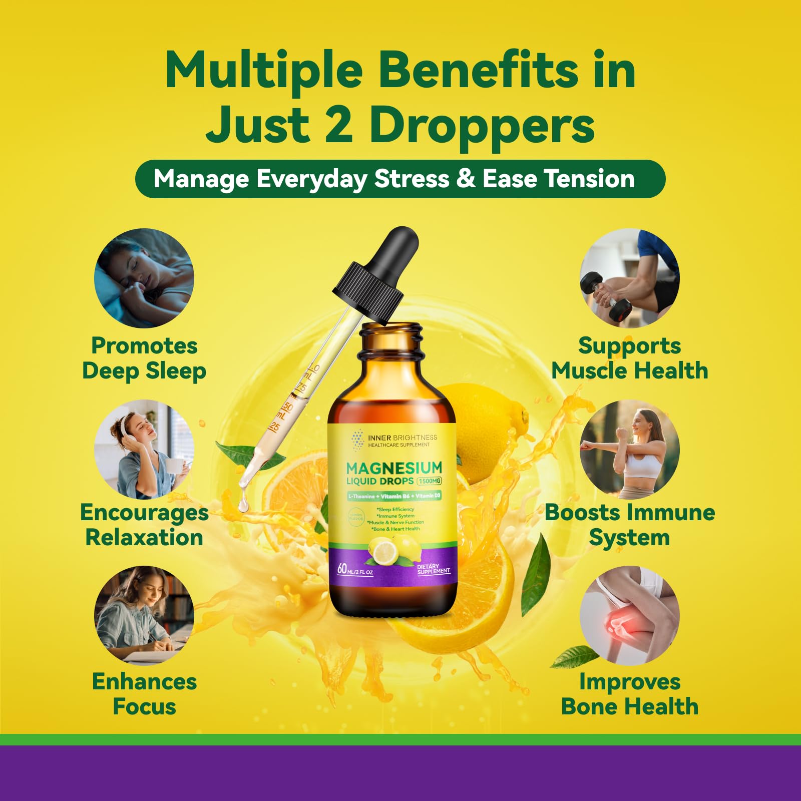 Magnesium Glycinate Liquid Drops 1500mg with Magnesium Citrate & Taurate, L-Theanine, Vitamin D3, B6 - Supports Calm, Sleep, Muscle Relaxation, Leg Cramps & Energy, Lemon Flavor, 60 mL Inner Brightness Au supplements