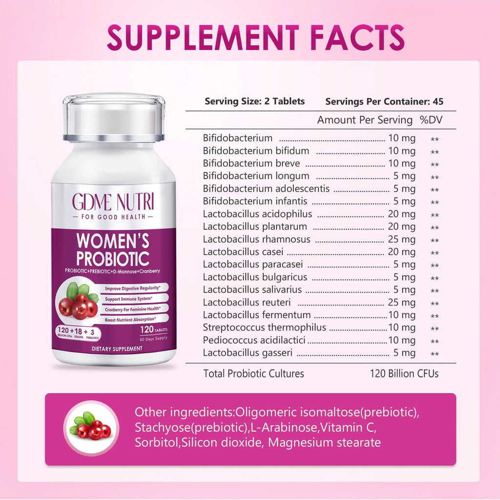 GDMENUTRI Women's Probiotics, 120 Tablets 120 Billion CFU 18 Strains, Contains Organic Prebiotic Cranberry, Probiotic Supplement for Digestion,