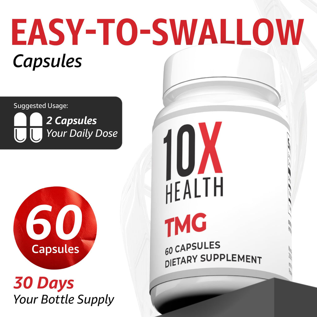 10X Health TMG Supplements - Trimethylglycine Supplement for Liver Support, Heart Wellness, Energy, Homocysteine Levels - TMG Capsules with Betaine Anhydrous