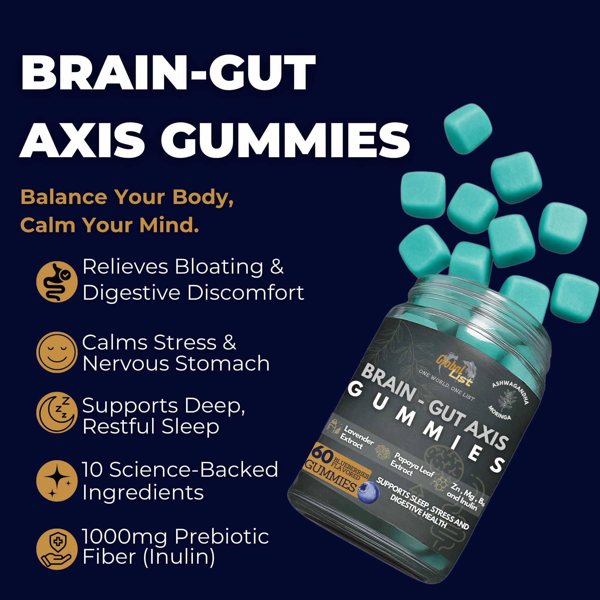 Gut Health & Bloating Relief Gummies – Digestion Support with Prebiotic Fiber, Inulin & Ashwagandha – Stress, Nervous Stomach, Sleep & Calm Support – Gut-Brain Axis Formula
