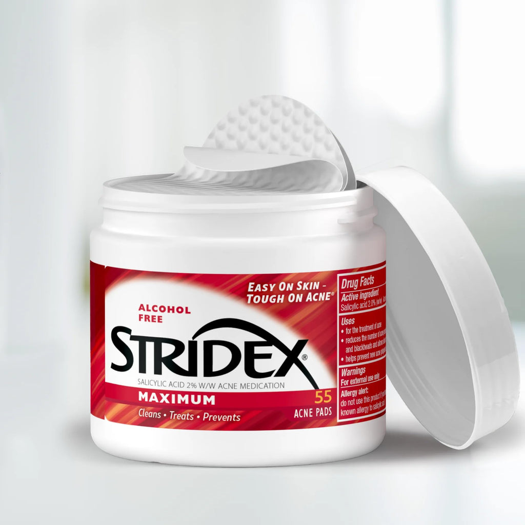 Stridex Medicated Acne Pads, Maximum, 55 Count – Facial Cleansing Wipes, Alcohol Free